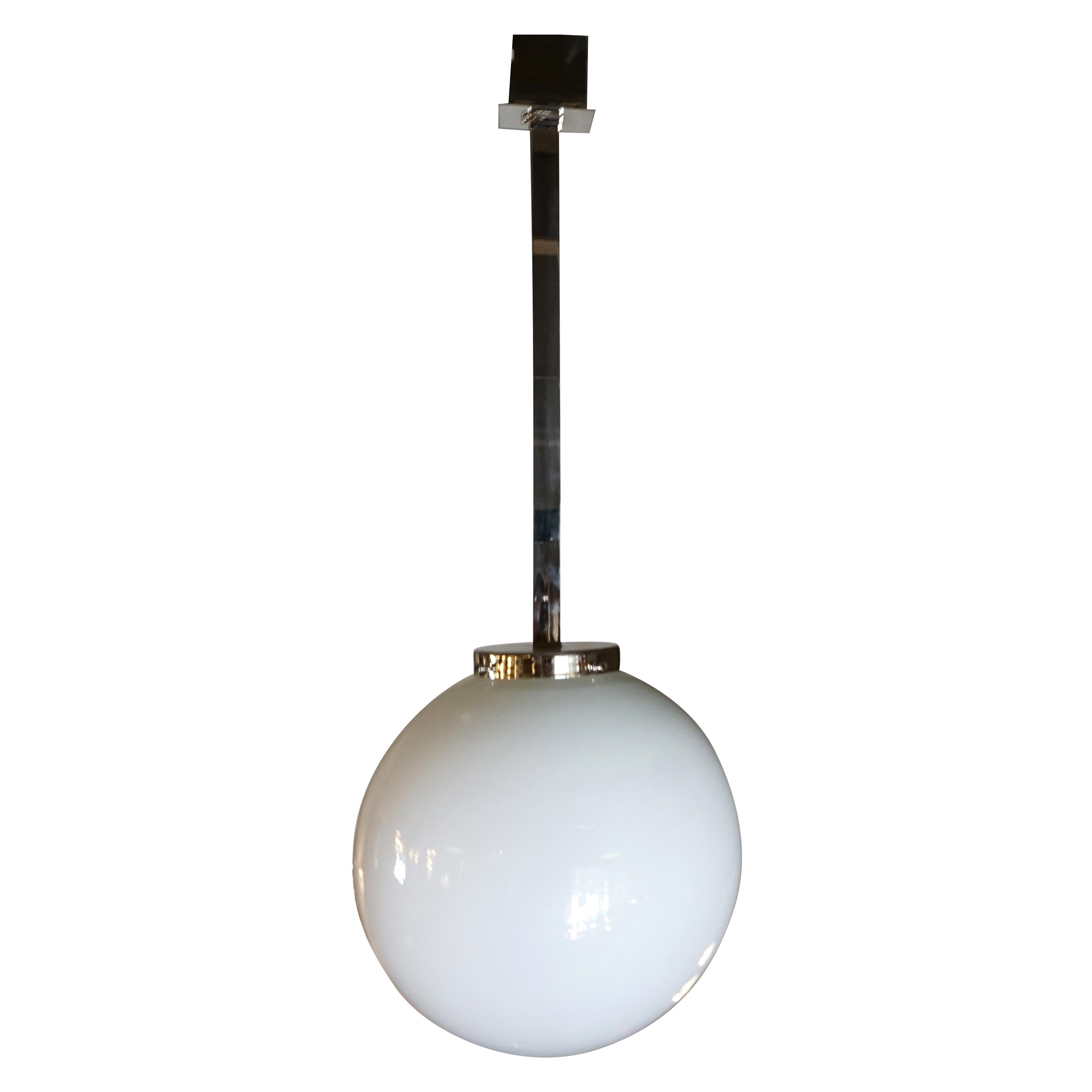 20th Century French Minimalist Glass Pendant, Round Nickel Ceiling Light Fixture