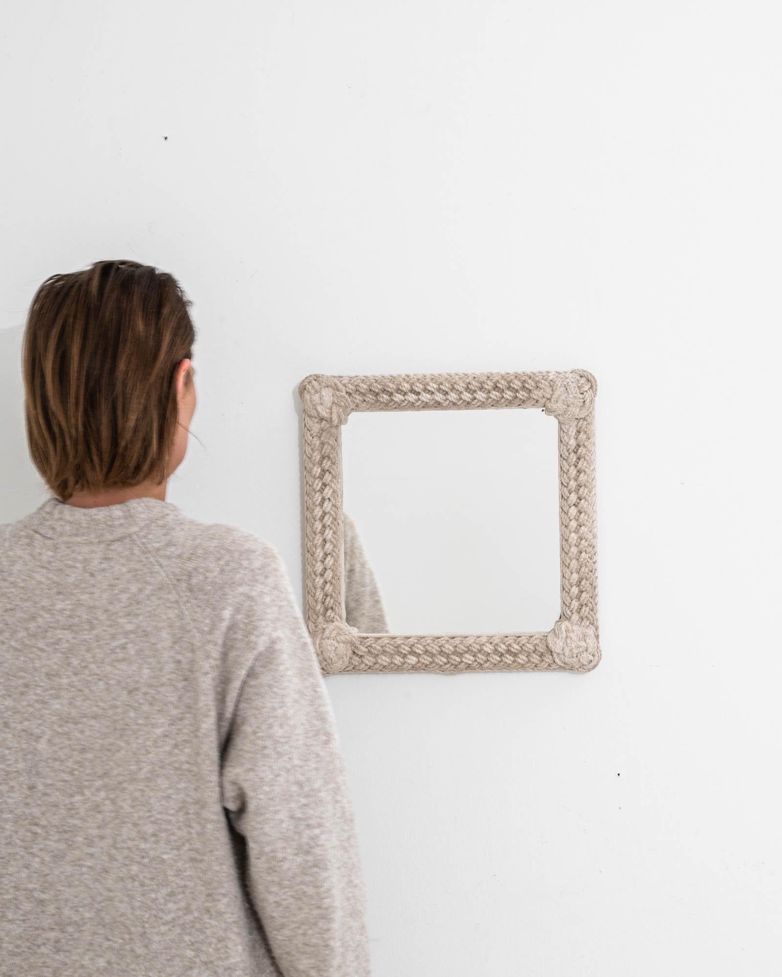 Rustic 20th Century French Mirror with Knotted White Patinated Frame