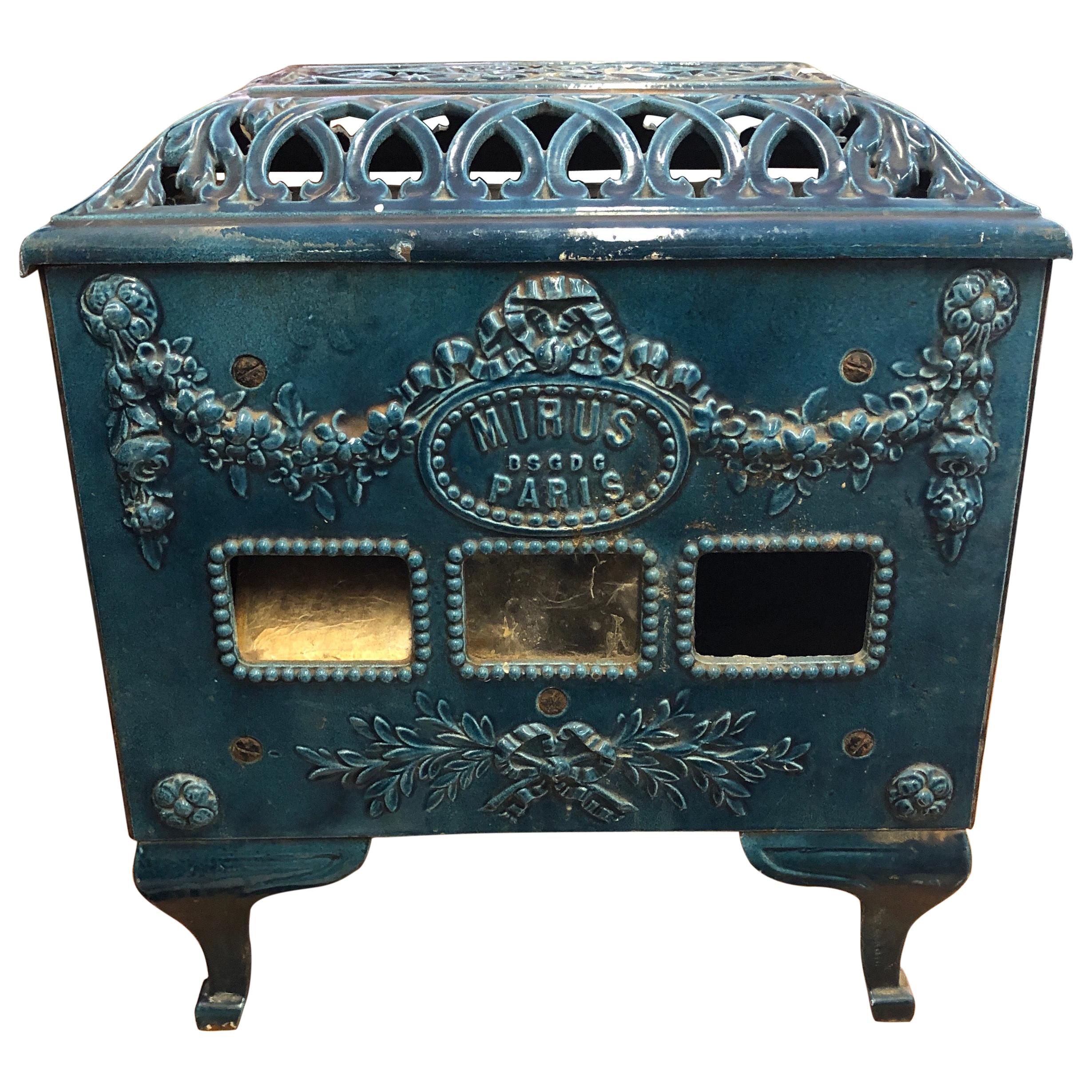 20th Century French Mirus Wood Stove in Blue Ceramic and Great Decoration