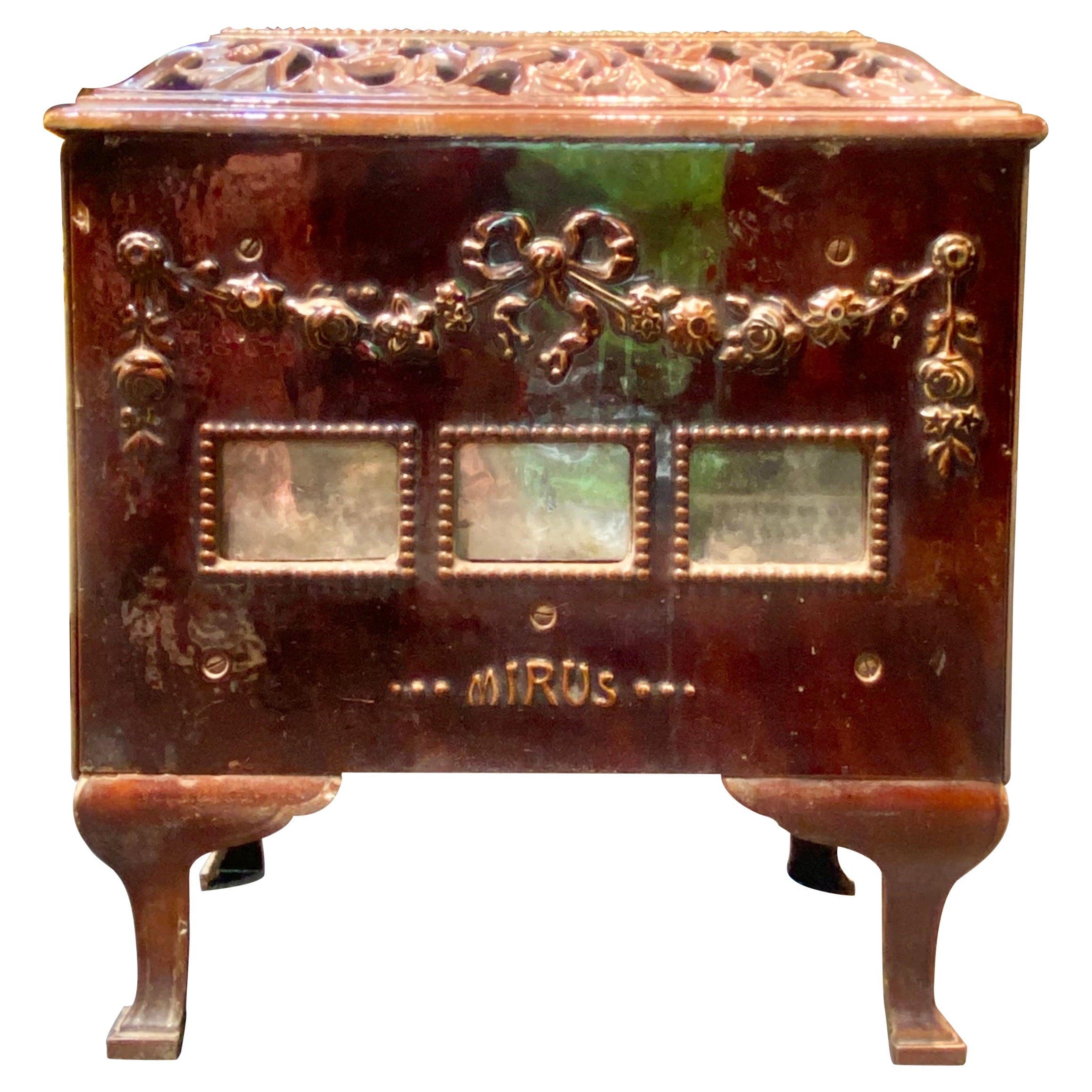 20th Century French Mirus Wood Stove in Red Ceramic with Great Decoration