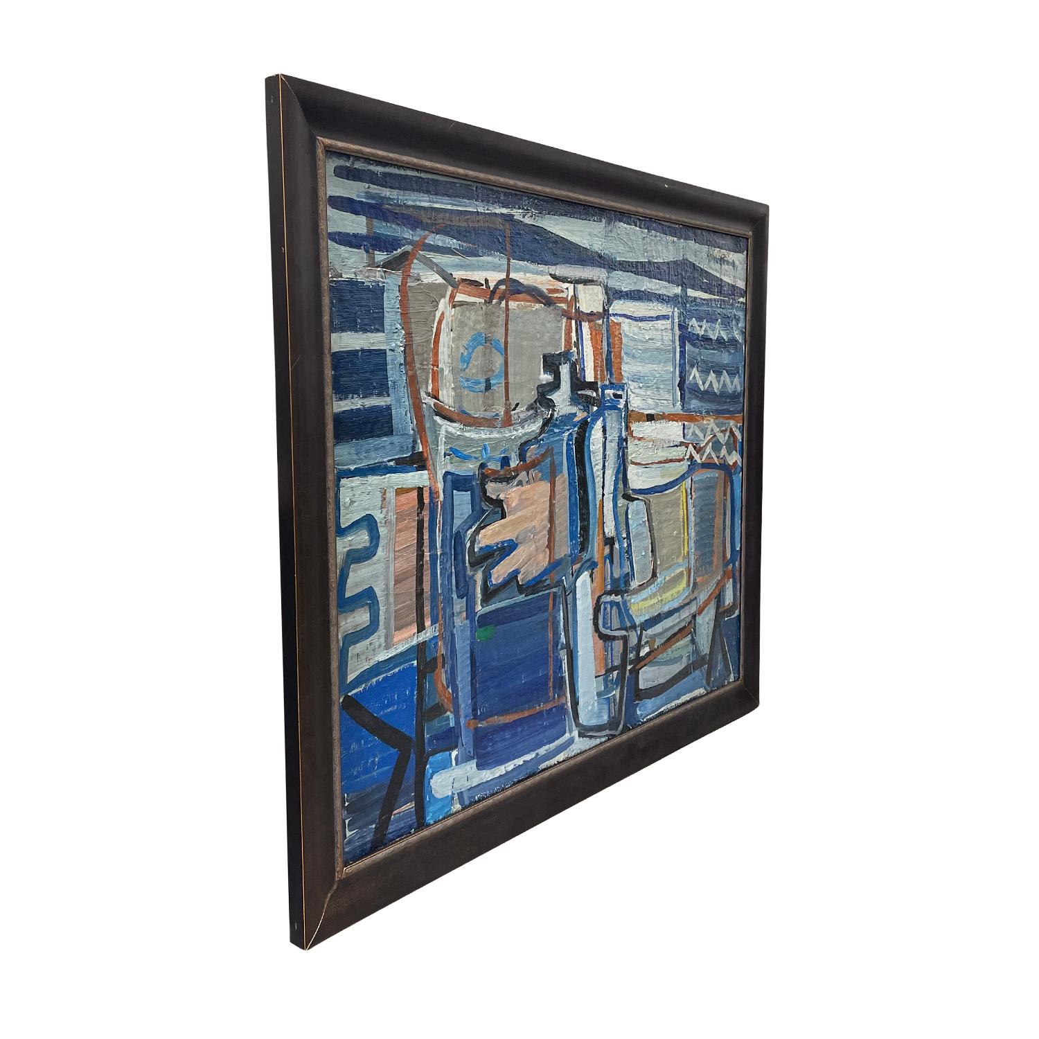 A dark-blue, red vintage Mid-Century modern French abstract oil on canvas painting of a face with eye and a large hand, painting by Daniel Clesse in good condition. Signed on the lower right. Wear consistent with age and use. Dated 1970, Paris,