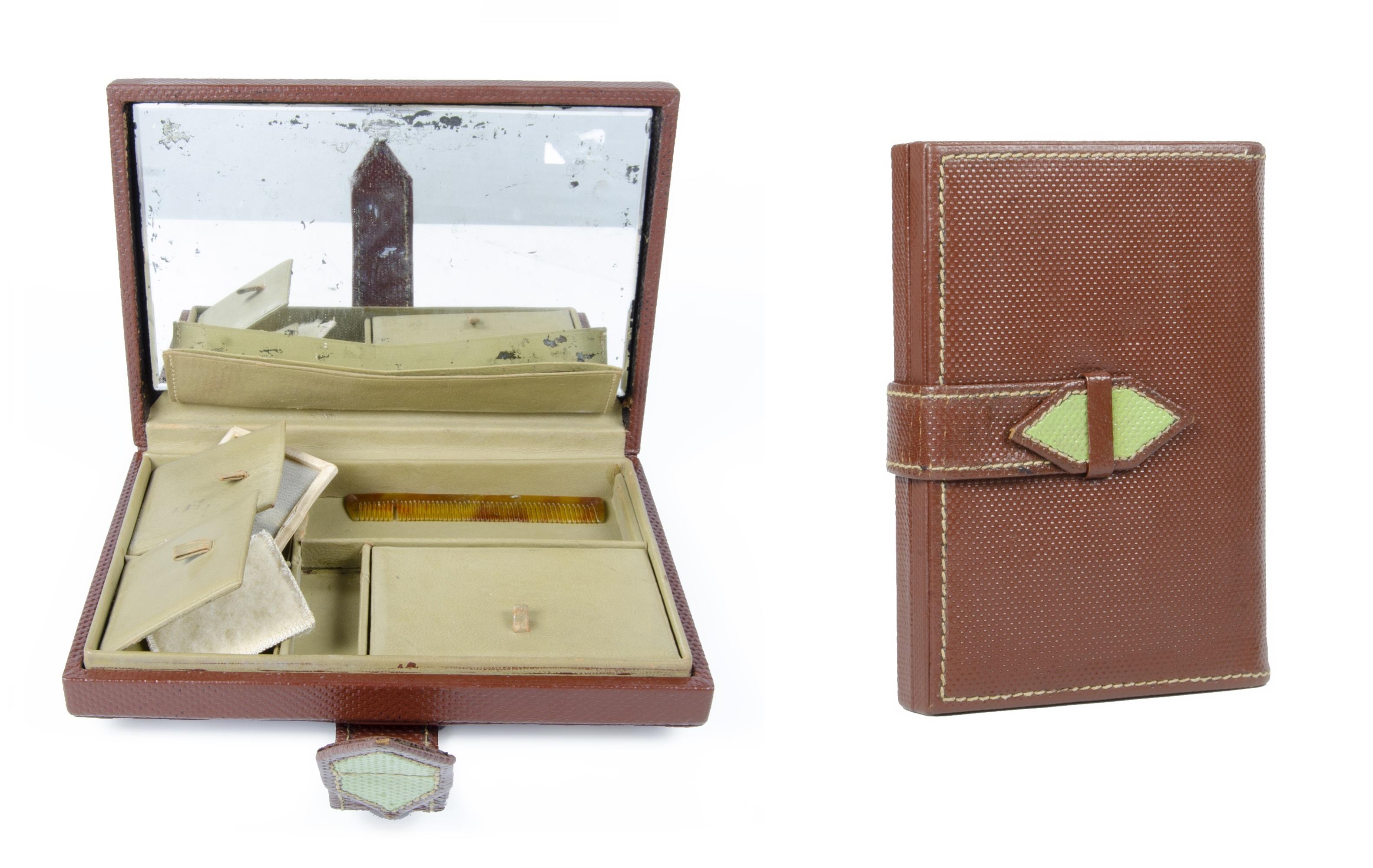 Mid-20th century Modern compact leather makeup/vanity wallet with mirror by Hermès Paris, France

By: Hermès Paris
Material: leather, mirror
Technique: embossed, polished
Dimensions: 1 in x 5.5 in x 7.5 in
Date: mid-20th century
Style: Mid-Century