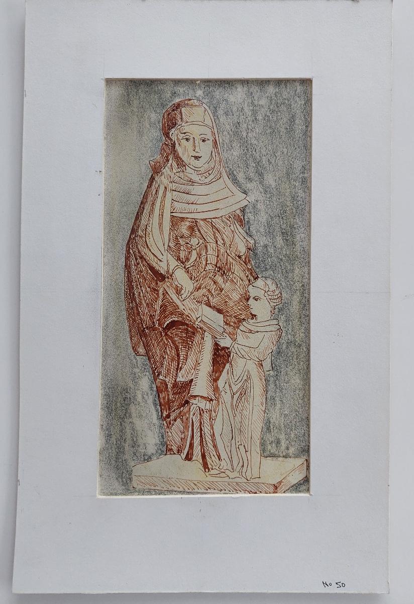 Ink study of a religious statue
by Bernard Labbe (French mid 20th century)
original ink and watercolor on paper
image size: 9.5 x 4.75 inches
matting: 13.4 x 8.4 inches
unsigned , stamped verso
condition: very good and ready to be enjoyed,