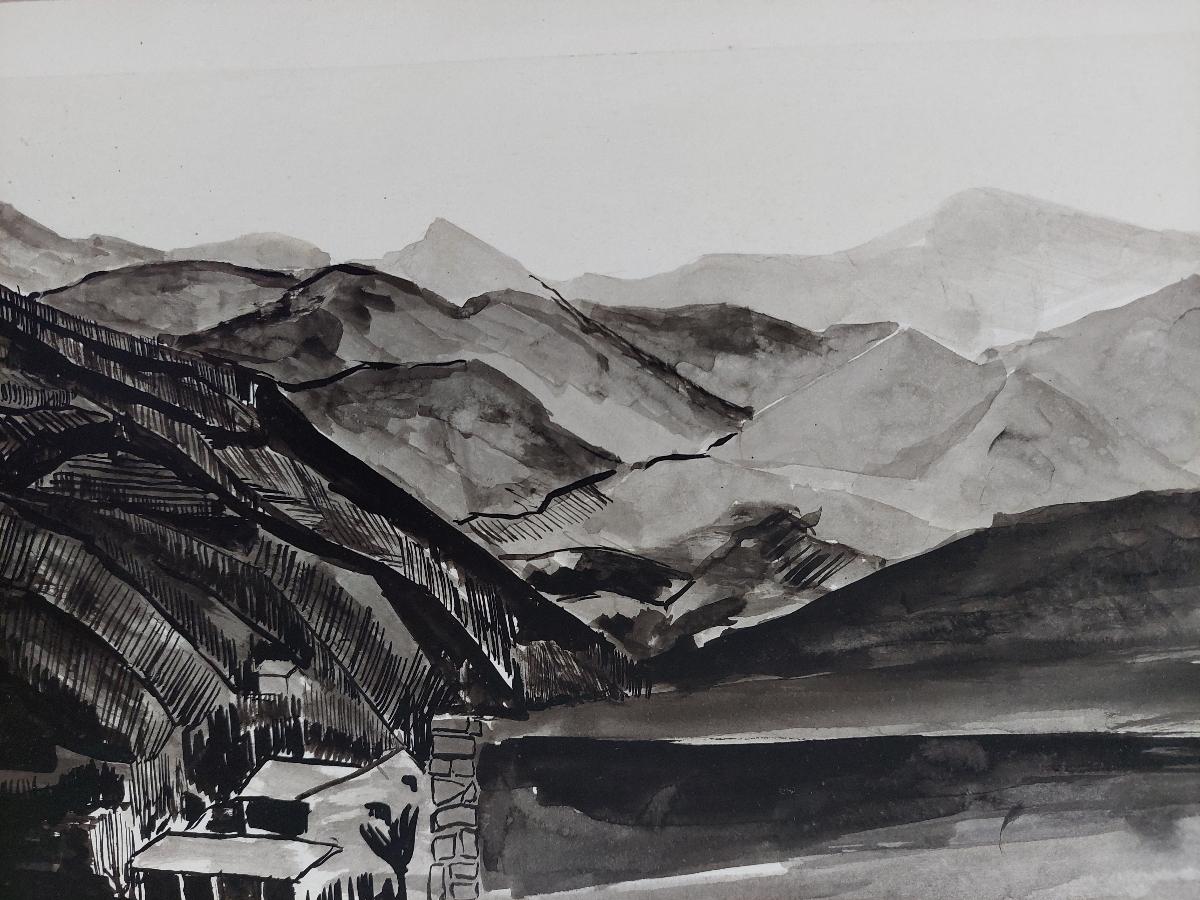 Francese Pittura cubista modernista francese del XX secolo, Paesaggio francese en grisaille in vendita