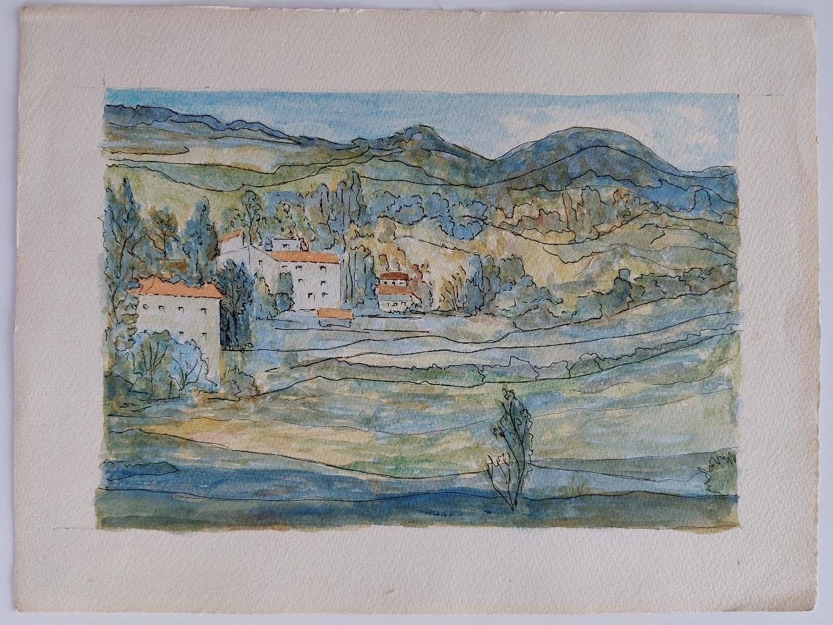 Watercolor and ink panoramic French landscape of Fields below Hills
by Bernard Labbe (French mid 20th century)
original watercolor and ink on paper
image Size: 6.75 x 9.8 inches
sheet: 9.5 x 12.5 inches
unsigned , stamped verso
condition: very