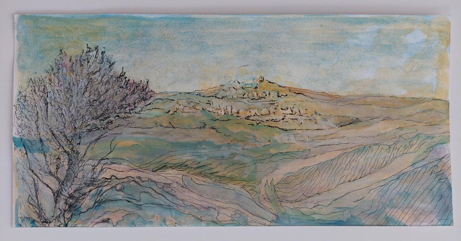 Watercolor and ink panoramic South of France Landscape
by Bernard Labbe (French mid 20th century)
Original watercolor and ink on paper
Size: 5.75 x 11.75 inches
Unsigned , stamped verso
Condition: very good and ready to be