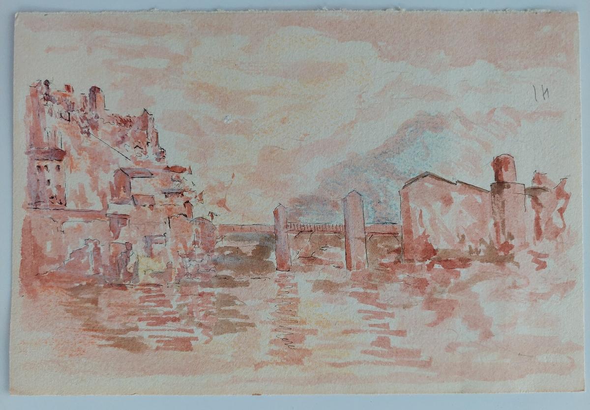 Watercolor and ink French landscape of a town and bridge spanning a river
by Bernard Labbe (French Mid-20th century)
original watercolor and ink on paper
Size: 6.4 x 9.4 inches
unsigned , stamped verso
condition: Very good and ready to be