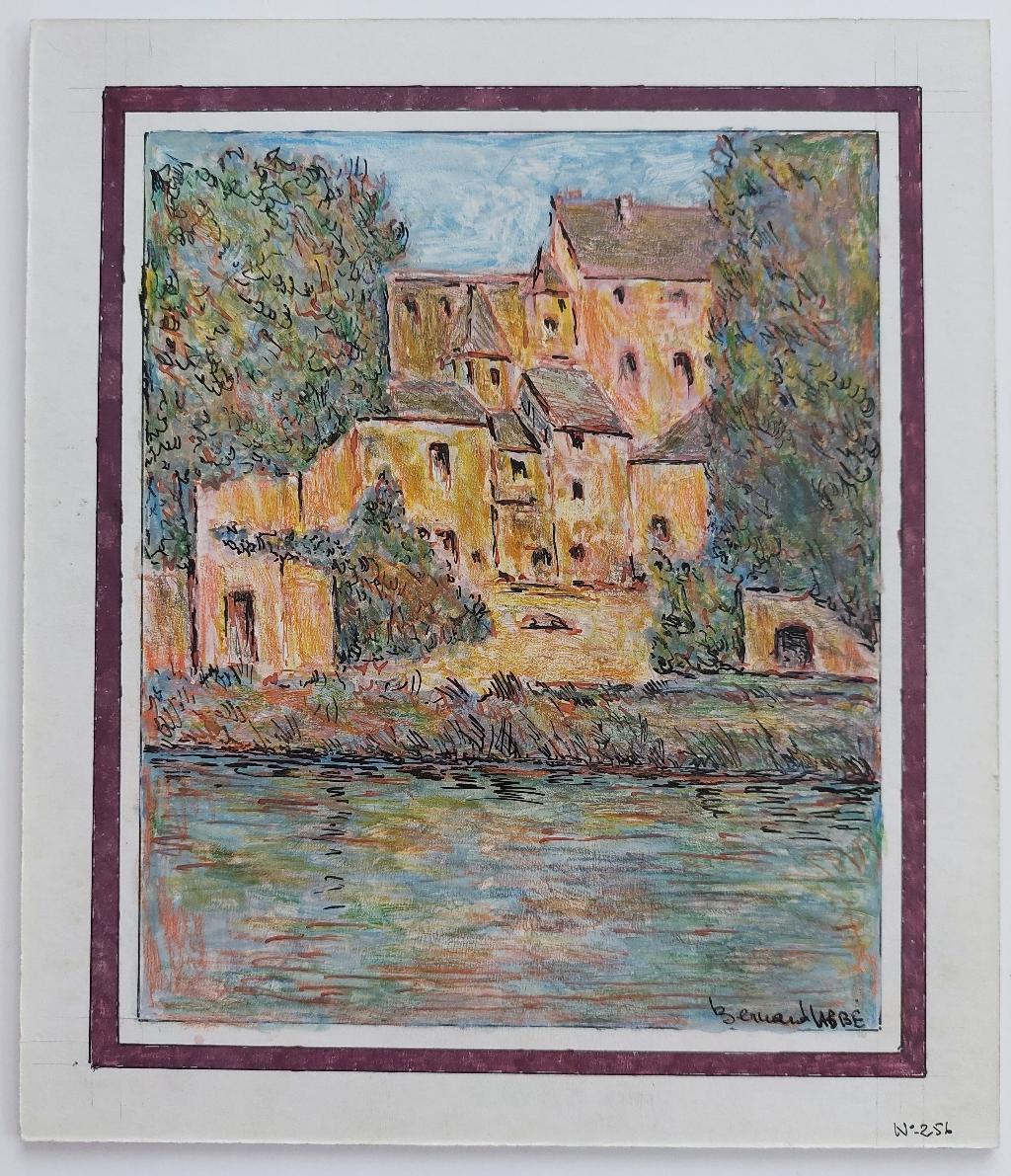 Watercolor and ink French town buildings over a River
by Bernard Labbe (French mid 20th century)
original watercolor and ink on card
image size: 7.5 x 6 inches
card overall: 9.4 x 8.1 inches
signed , stamped verso
condition: very good and