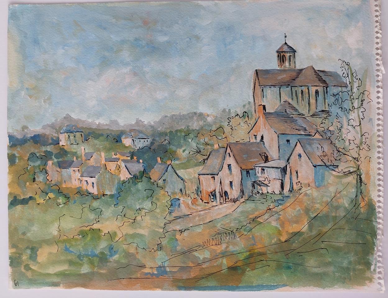 A French Village
by Bernard Labbe (French Mid-20th Century)
original watercolor, ink and gouache on paper
Size: 13.25 x 10.5 inches
unsigned, stamped verso
Condition: Very good and ready to be enjoyed.

Provenance: the artists atelier/