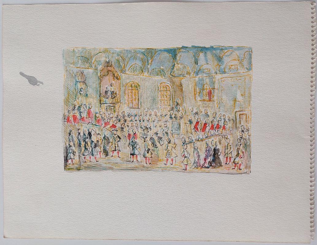 A Grand Town Gathering
by Bernard Labbe (French Mid-20th Century)
Original watercolor, ink and gouache on paper
Size: image 8.25 x 5.4 inches
Size: sheet 13.5 x 10.5 inches
Unsigned, stamped verso
Condition: very good and ready to be enjoyed