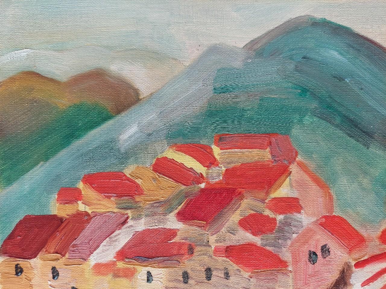 20th Century French Modernist Cubist Painting Labbe, a Village Oil For Sale 6