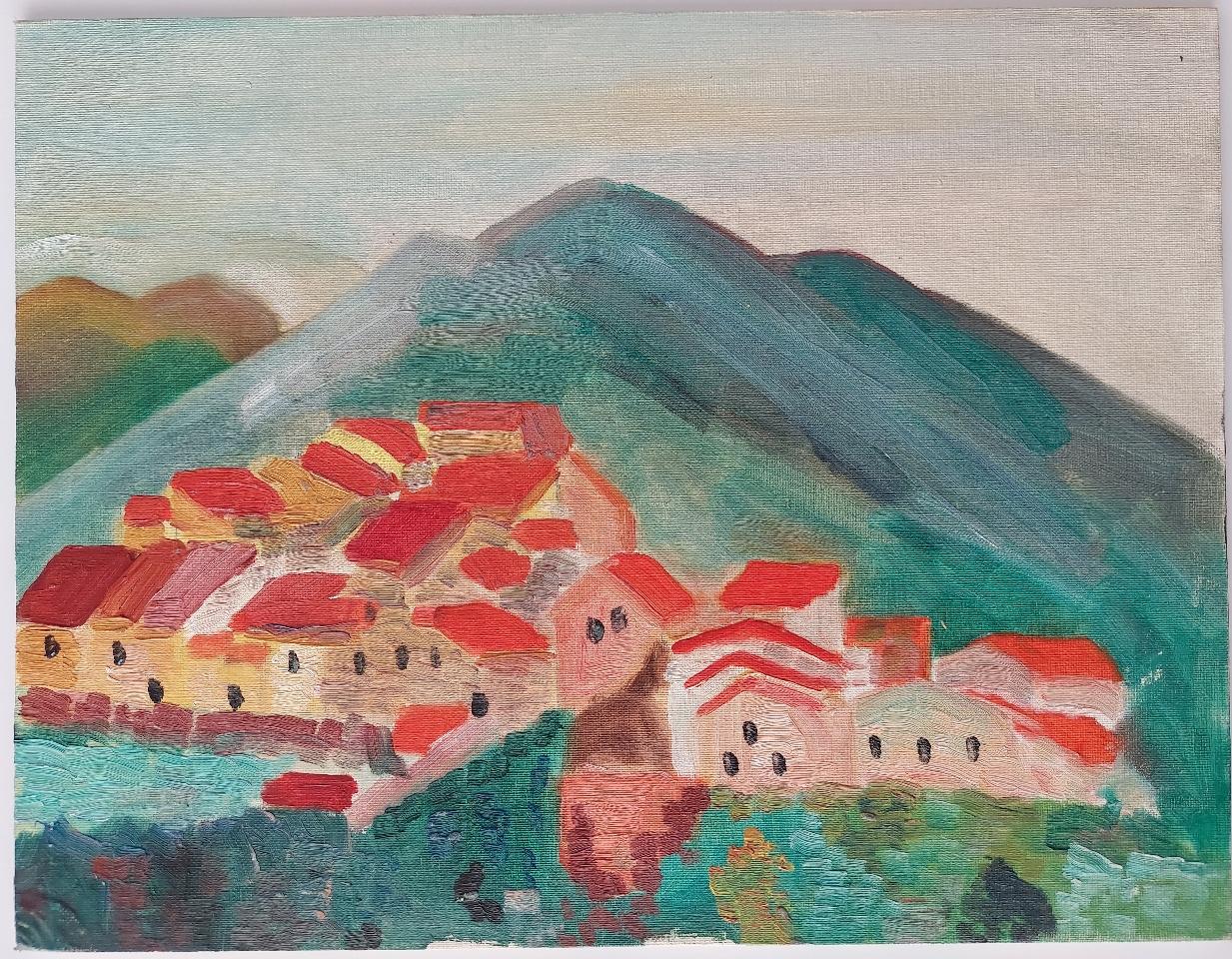 A Red Roofed Village in France
by Bernard Labbe (French mid 20th century)
original watercolor, ink and gouache on paper
size: 13.75 x 10.6 inches
unsigned, stamped verso
condition: very good and ready to be enjoyed

provenance: the artists