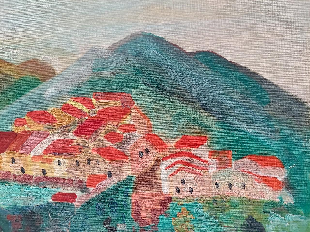 20th Century French Modernist Cubist Painting Labbe, a Village Oil In Good Condition For Sale In Cirencester, GB