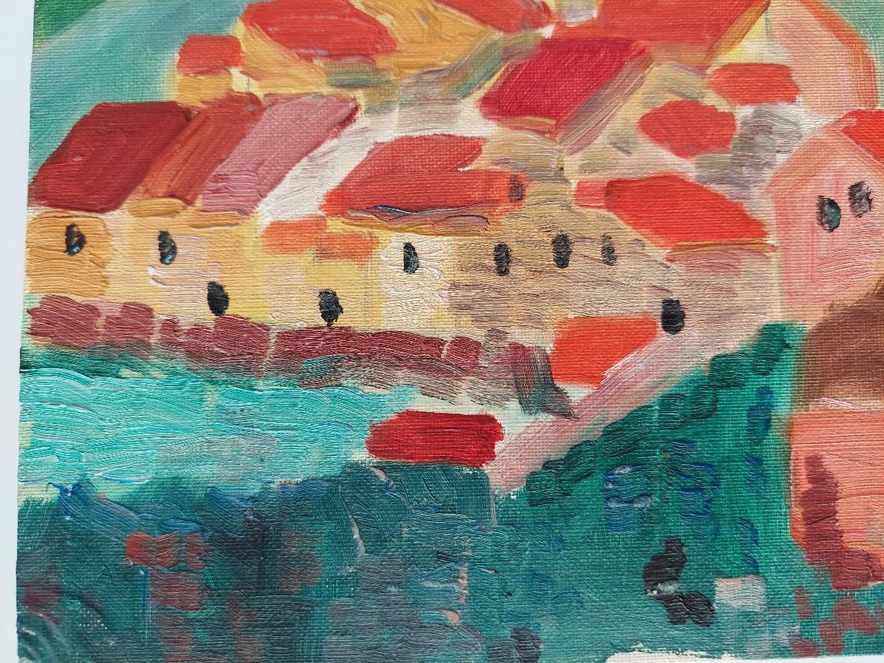 20th Century French Modernist Cubist Painting Labbe, a Village Oil For Sale 1