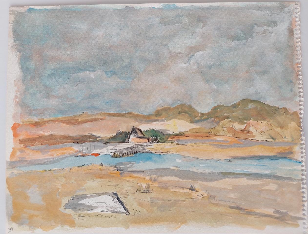 Coastal Summer landscape
by Bernard Labbe (French mid 20th century)
original watercolor and gouache on paper
size: 13.5 x 10.5 inches
unsigned, stamped verso
condition: very good and ready to be enjoyed

provenance: the artists atelier/