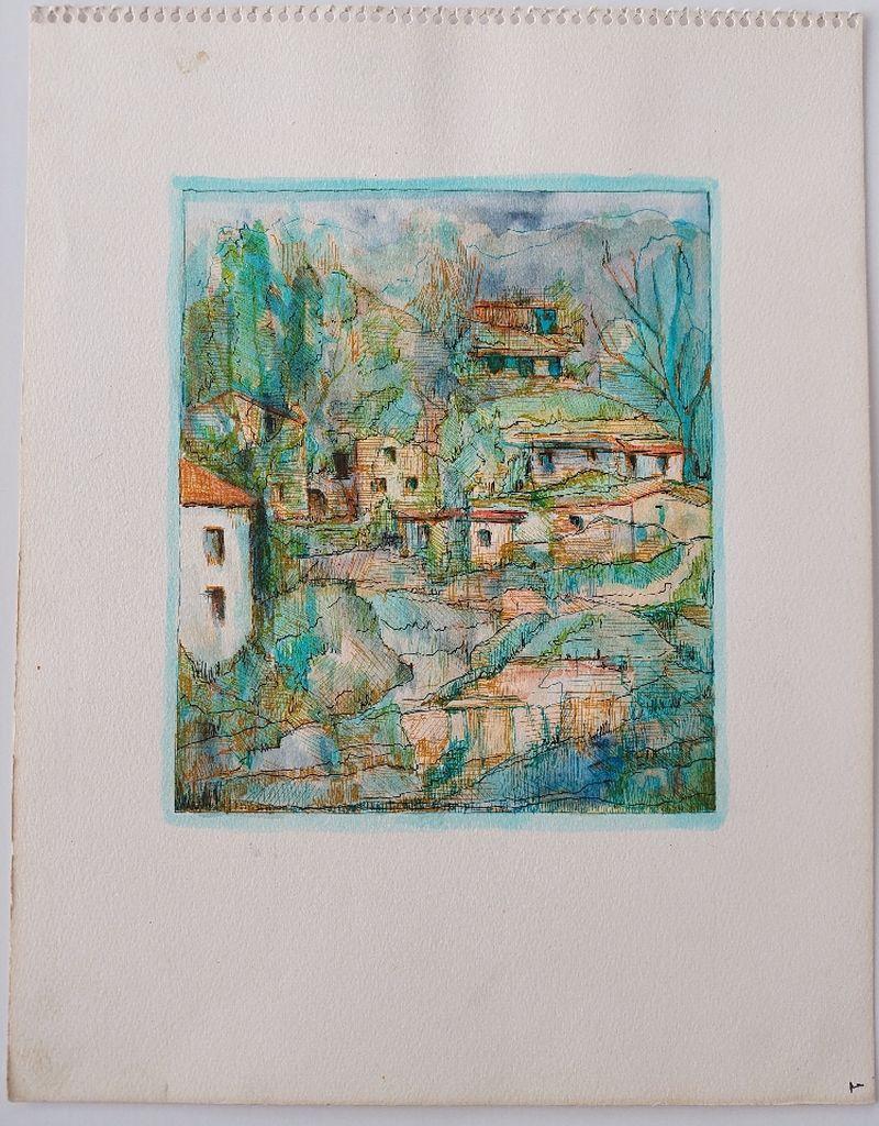 Hill Village Landscape
by Bernard Labbe (French Mid-20th Century)
Original watercolor, ink and gouache on paper
Size: image 7 x 8.25 inches
Size: sheet 10.5 x 13 inches
Unsigned, stamped verso
Condition: minor marks to white margin around the