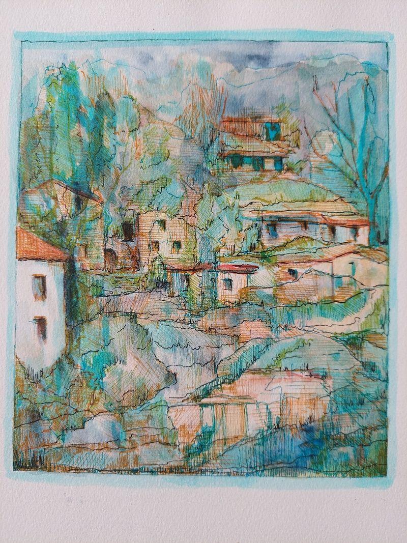 20th Century French Modernist Cubist Painting Labbe, Hill Village 1