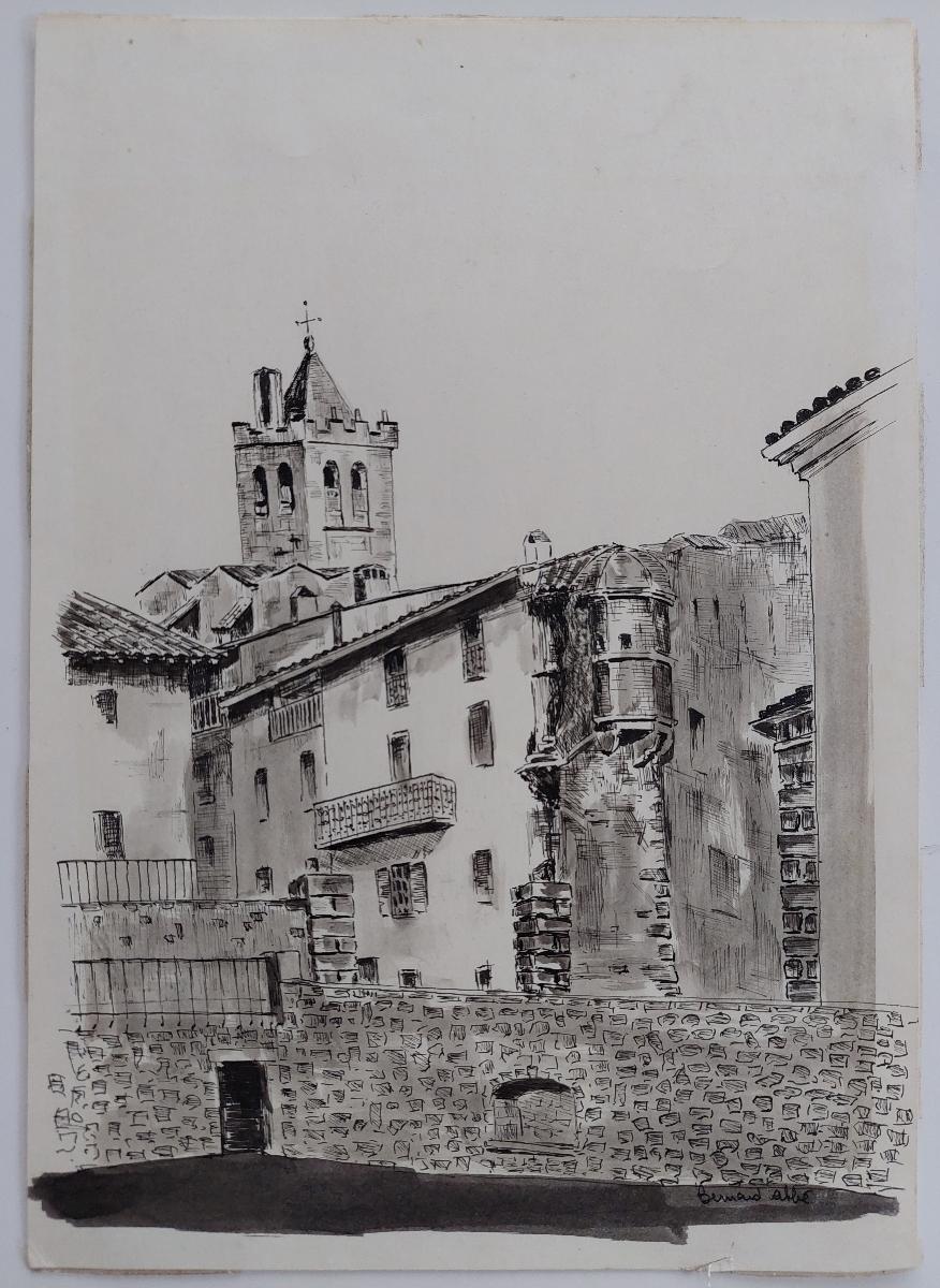 Town landscape
by Bernard Labbe (French mid 20th century)
original ink and watercolor on paper
size: 11.75 x 8.5 inches
signed, stamped verso
Condition: very good and ready to be enjoyed

provenance: the artists atelier/ studio, France
