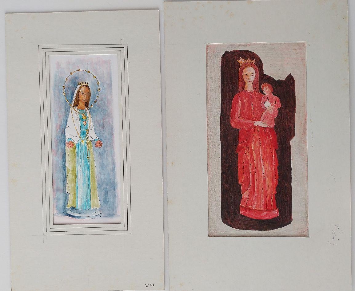 Two Images of Mary Magdalene 
by Bernard Labbe (French mid 20th century)
original watercolor, ink and gouache on paper
size: red image 5.75 x 11 inches
size: red image matting 10.25 x 17.25 inches
size: blue image 3.8 x 9.75 inches
size: blue