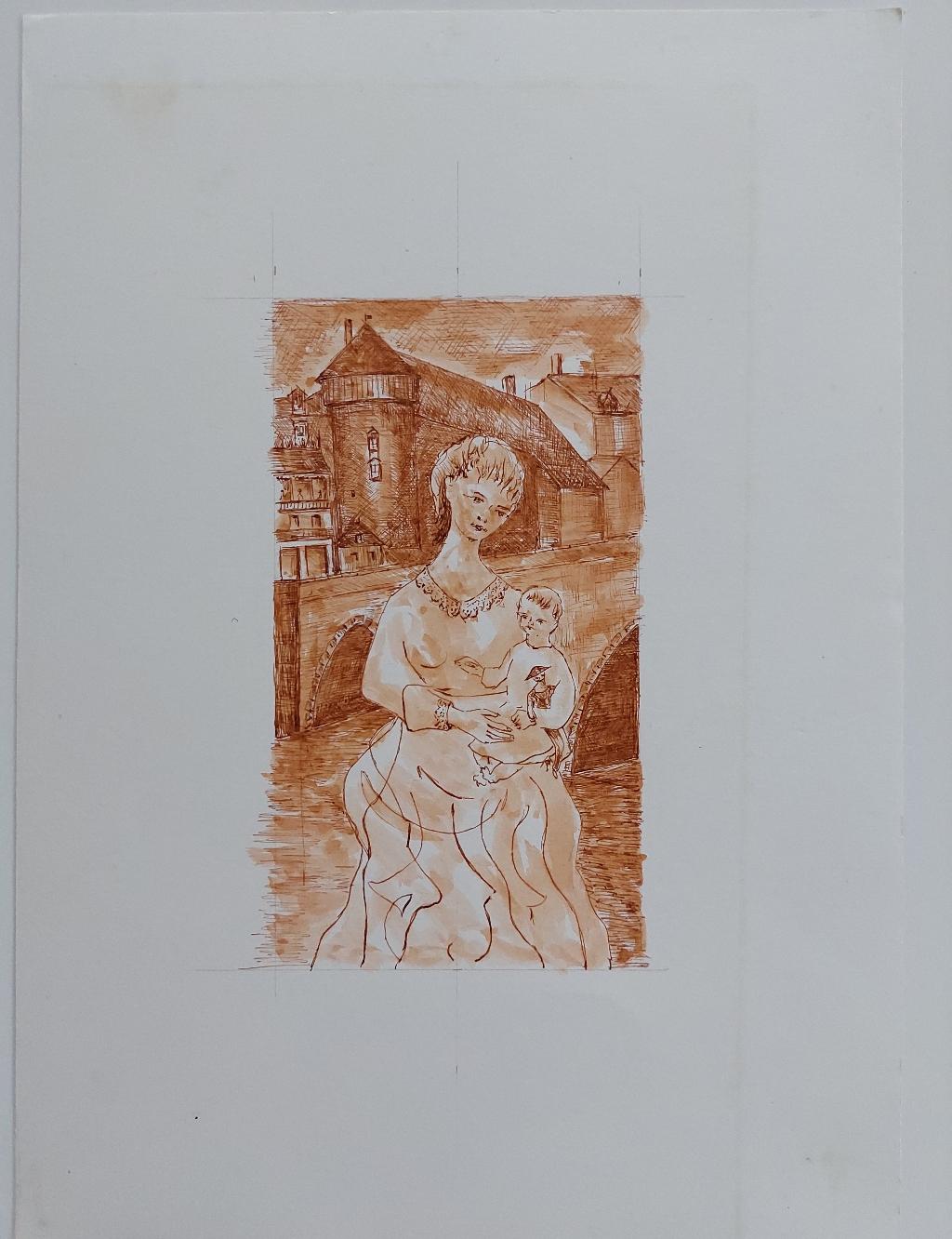 Sepia ink and watercolor study of a mother holding a child against a backdrop of a town bridge
by Bernard Labbe (French mid 20th century)
original sepia ink and watercolor on paper
image size: 6.25 x 3.5 inches
sheet overall: 11.75 x 8.25