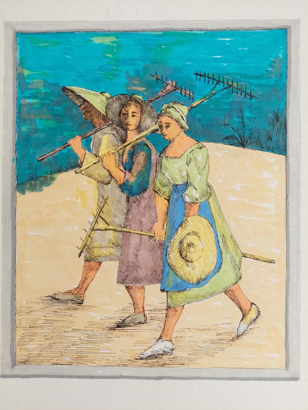 20th Century French Modernist Painting, Farmworkers In Good Condition For Sale In Cirencester, GB