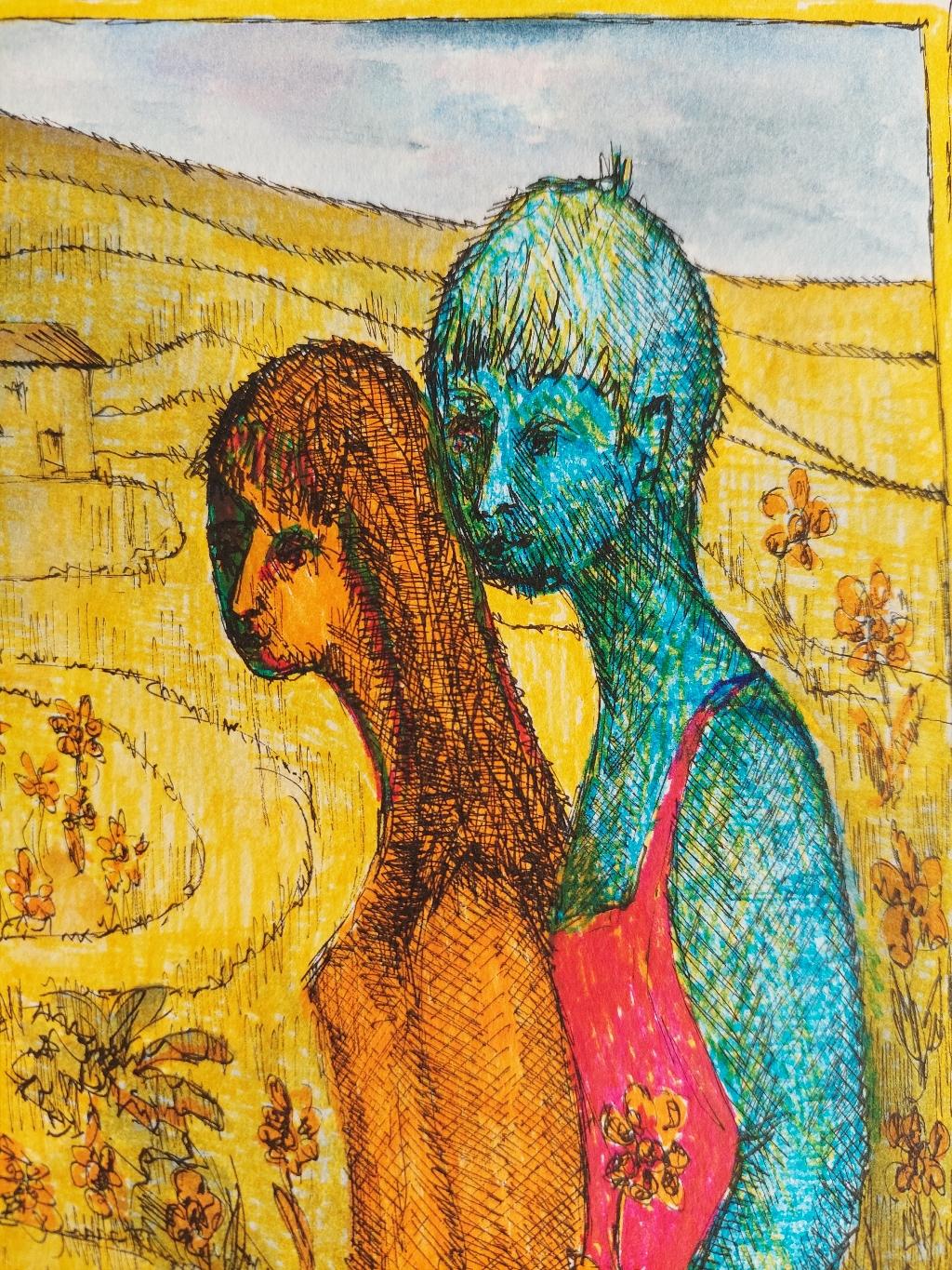 Français Peinture moderniste française du XXe siècle, figures et oiseaux, Labbe en vente