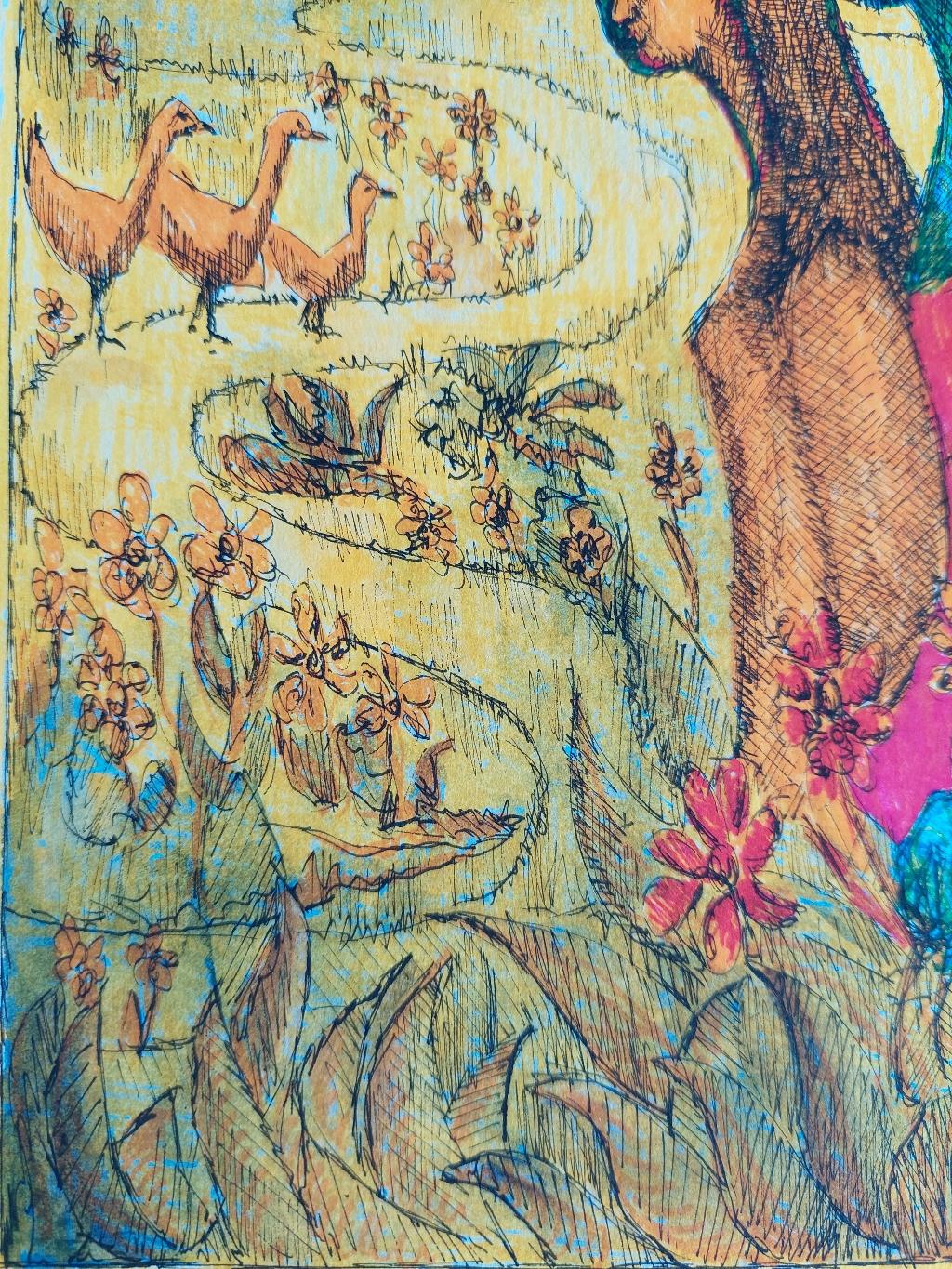 Peinture moderniste française du XXe siècle, figures et oiseaux, Labbe en vente 3