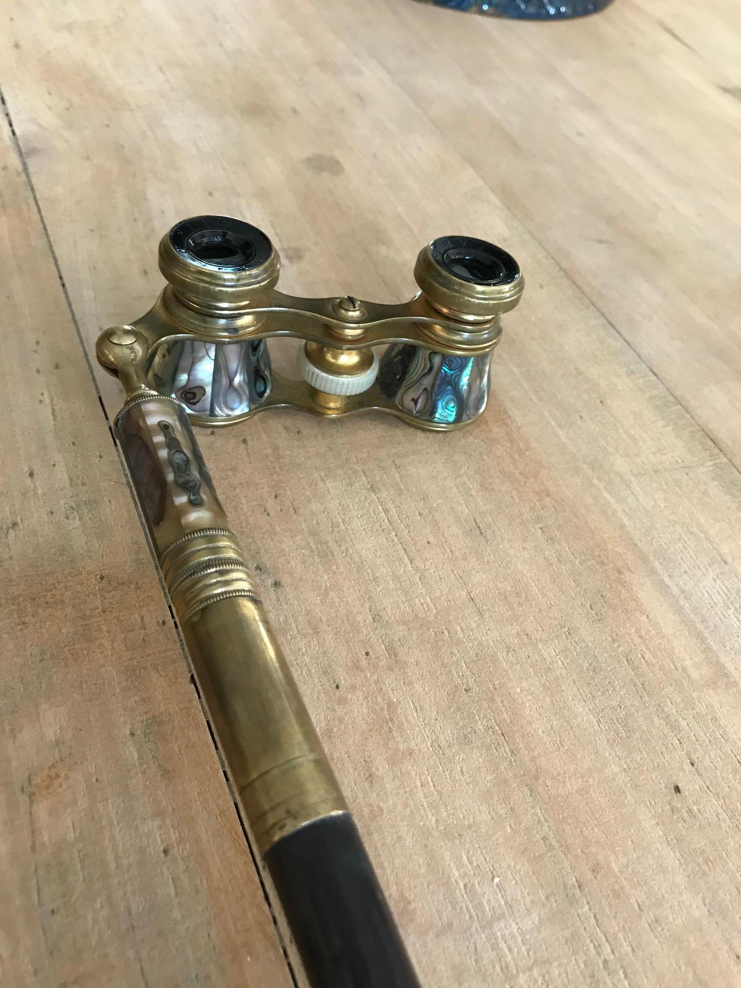 20th Century 20th century French Mother of Pearl and Brass Opera Glass Stick For Sale