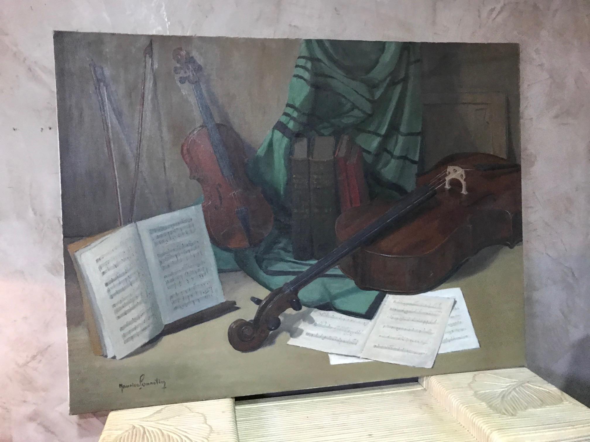Very nice and large 20th century French musical instruments oil on canvas from the 1940s.
Painting representing Violin and Violoncello and music scores.
There is no frame, so you can choose your own frame.
Signed on the left side 