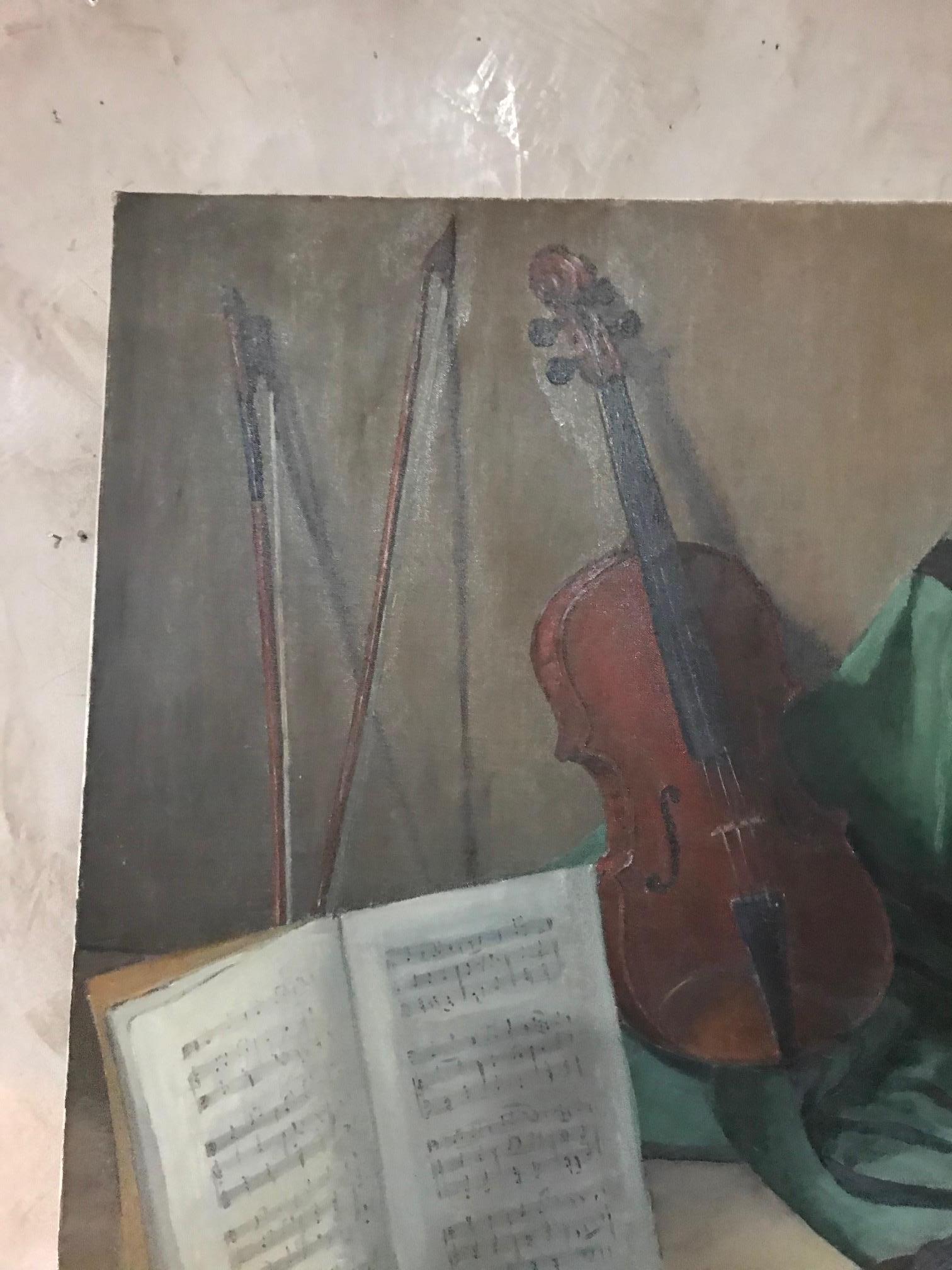 20th Century French Musical Instruments Oil on Canvas Signed, 1940s In Good Condition In LEGNY, FR