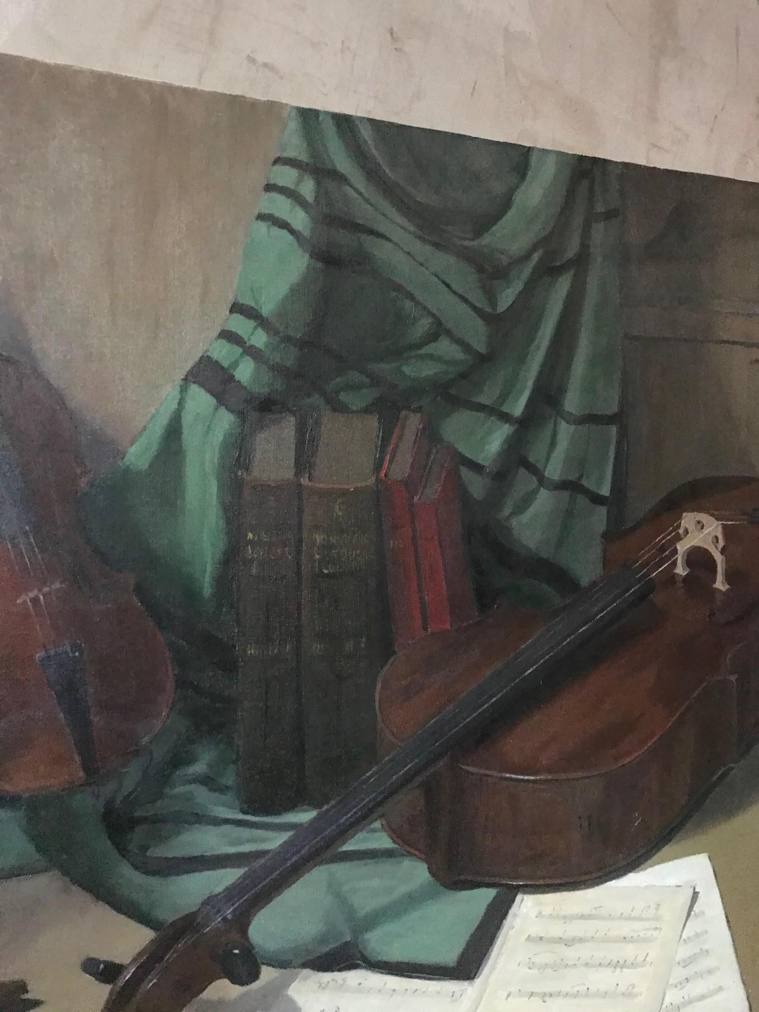Mid-20th Century 20th Century French Musical Instruments Oil on Canvas Signed, 1940s