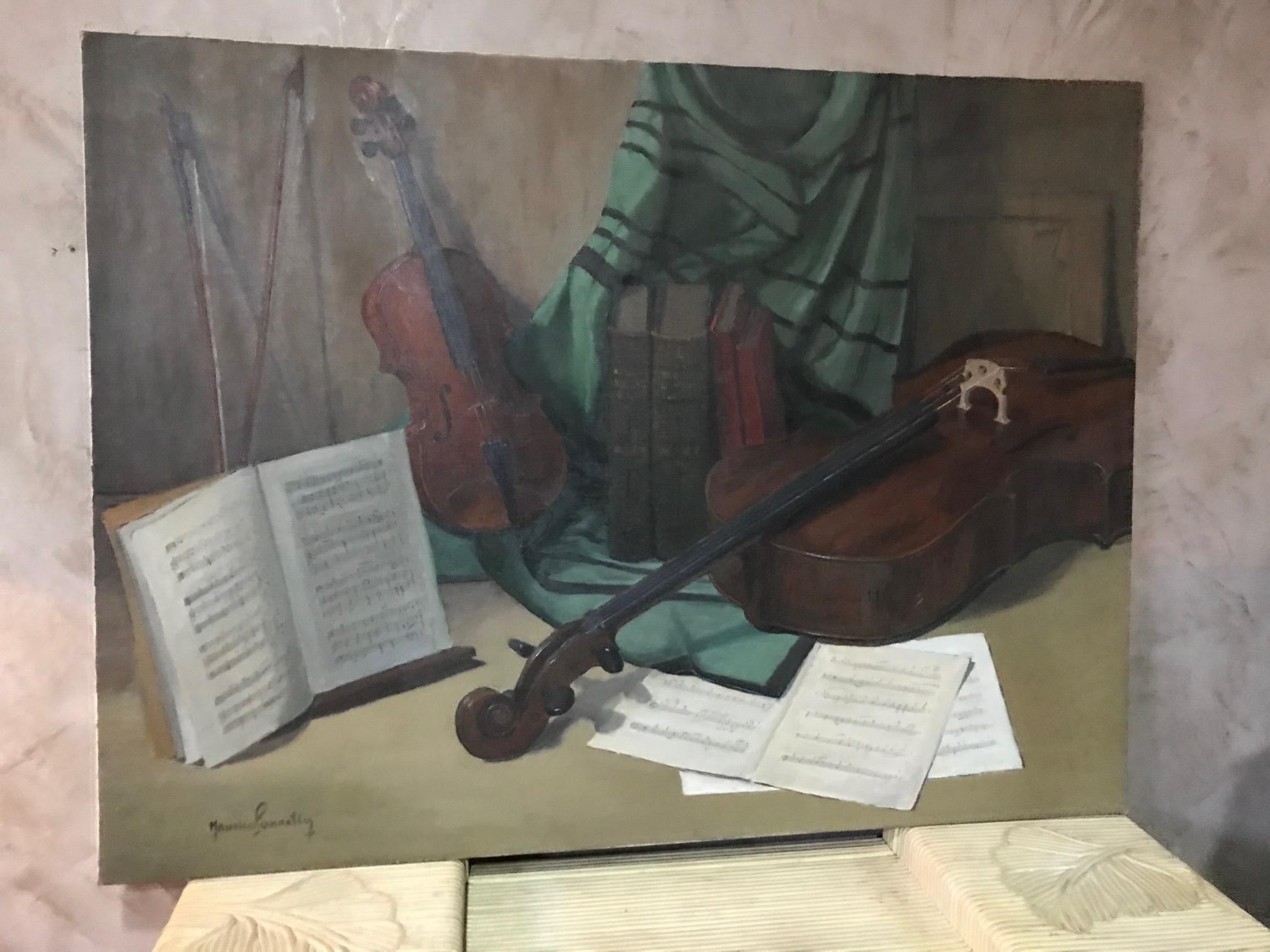20th Century French Musical Instruments Oil on Canvas Signed, 1940s 1