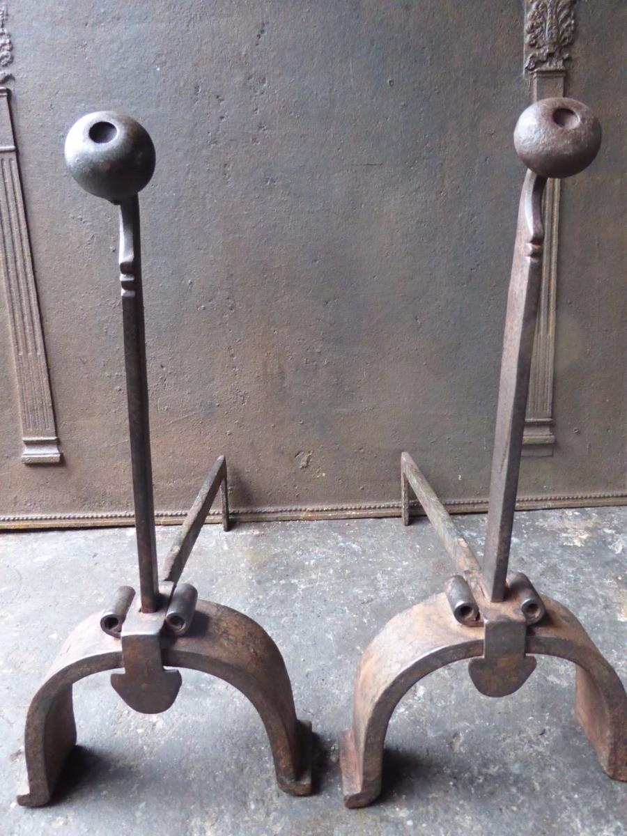 20th century French Napoleon III Style andirons made of wrought iron. The condition is good.