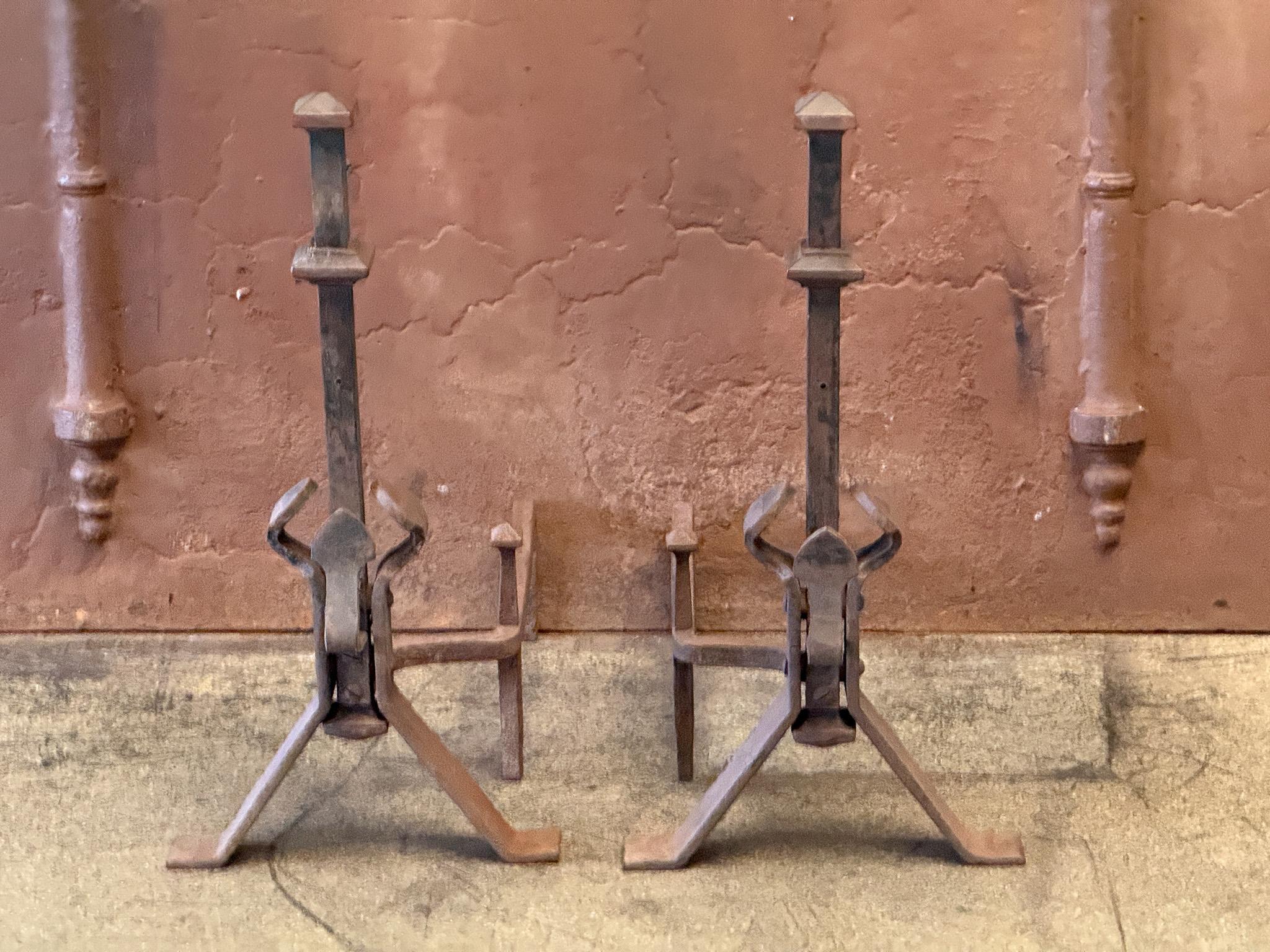 Wrought Iron 20th Century French Napoleon III Style Andirons or Firedogs For Sale