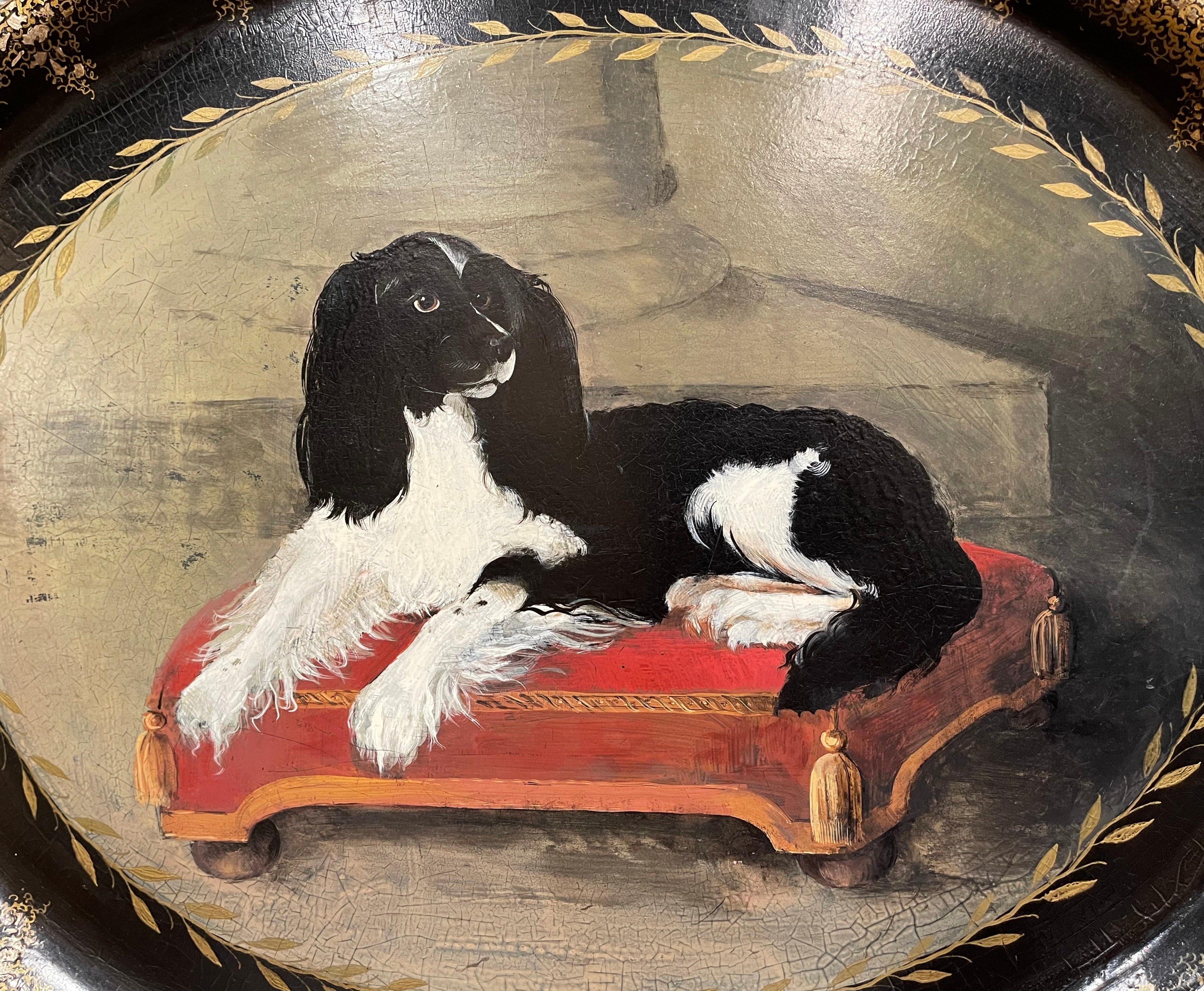 English 20th Century French Napoleon III Style Painted Paper Mache Tray with Dog
