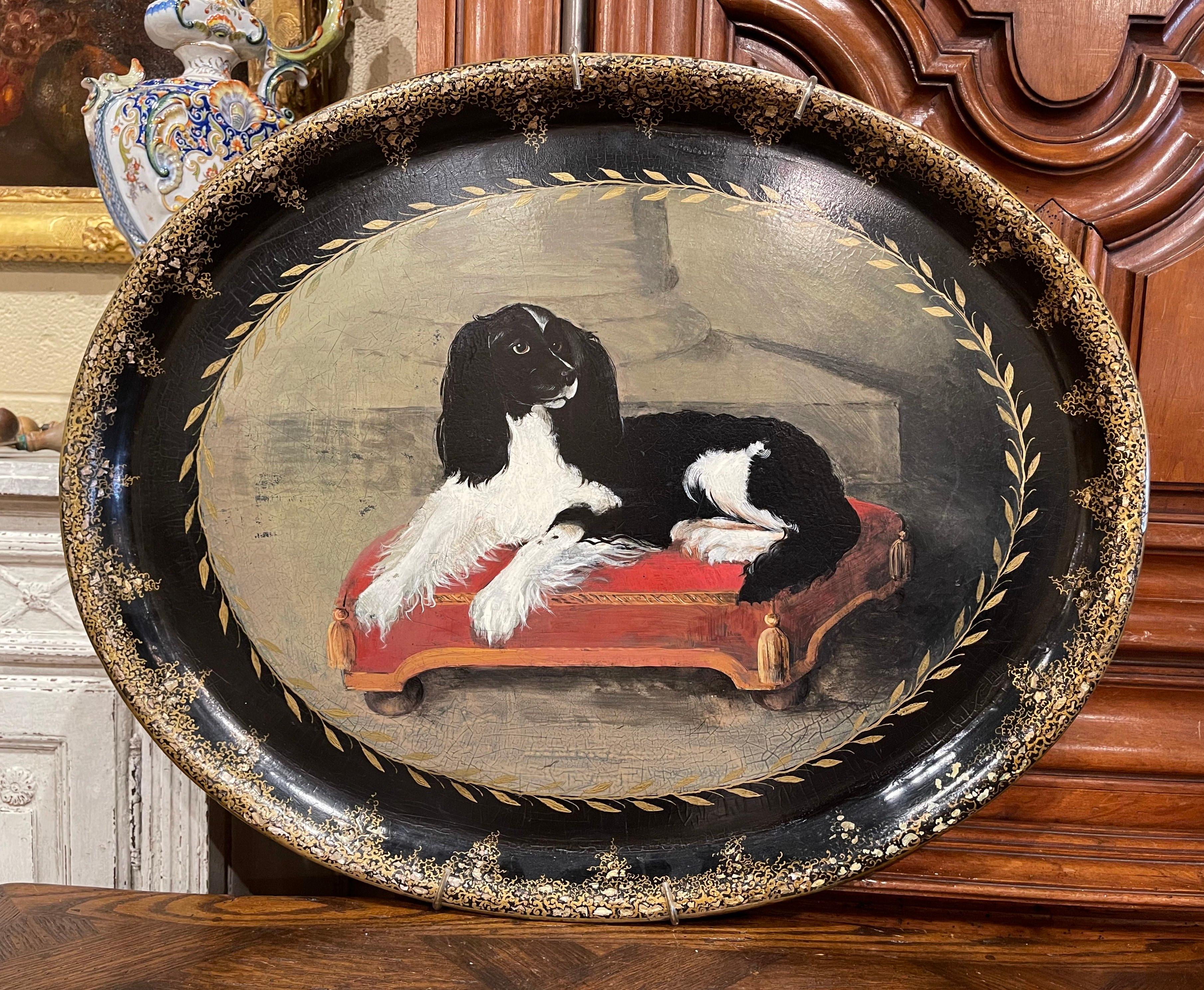 Hand-Crafted 20th Century French Napoleon III Style Painted Paper Mache Tray with Dog