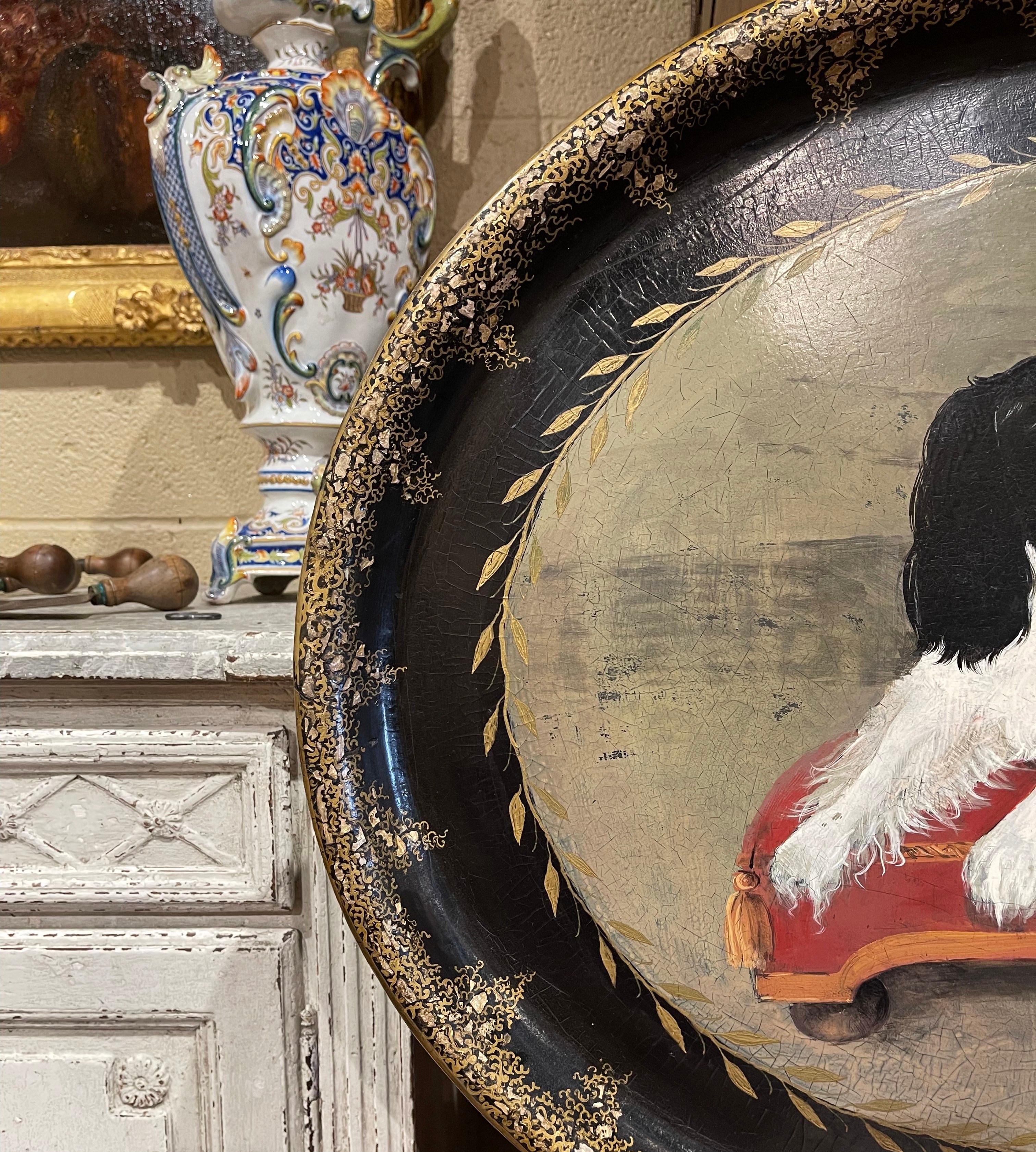 20th Century French Napoleon III Style Painted Paper Mache Tray with Dog In Excellent Condition In Dallas, TX