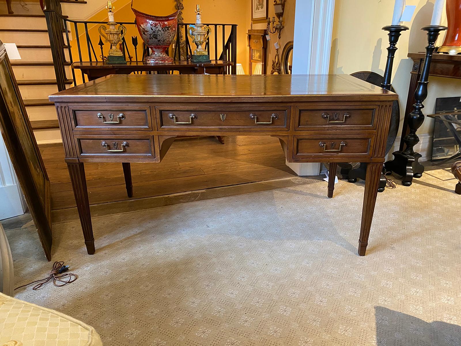 Embossed 20th Century French Neoclassical Green Leather Top Desk
