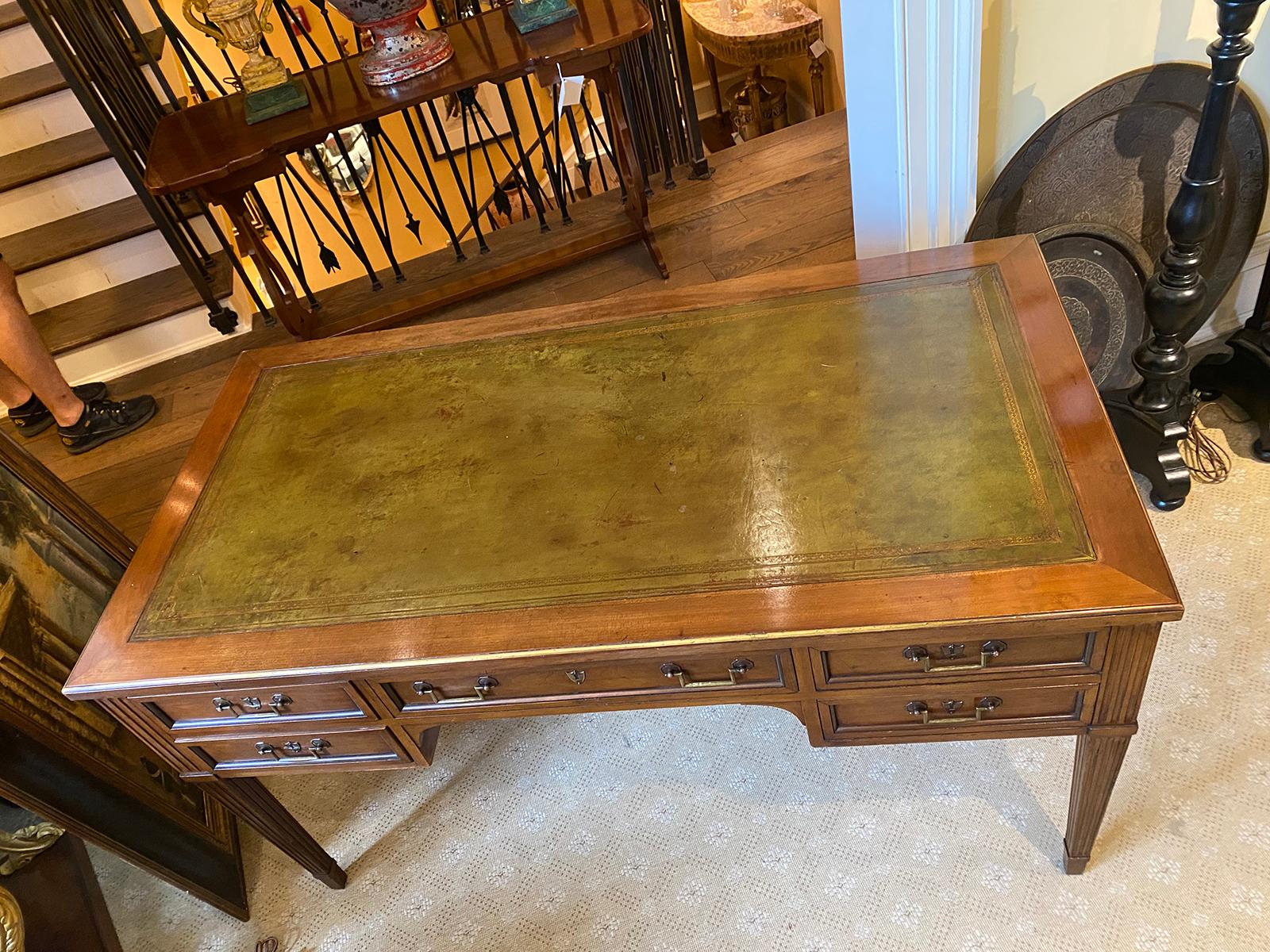 Brass 20th Century French Neoclassical Green Leather Top Desk