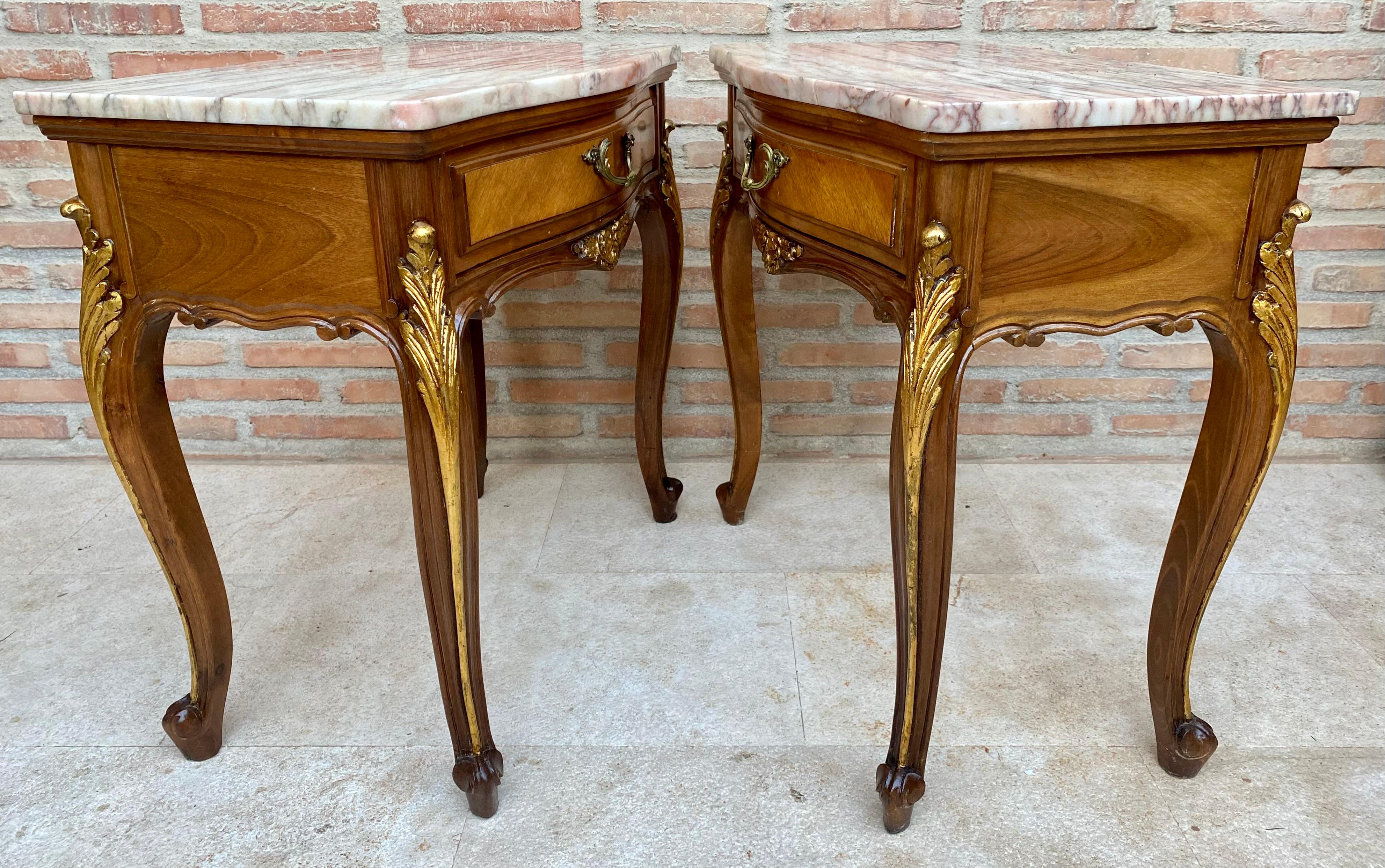 20th Century French Nightstands with One Drawer, Marble Top and Cabriole Legs, 1 For Sale 1