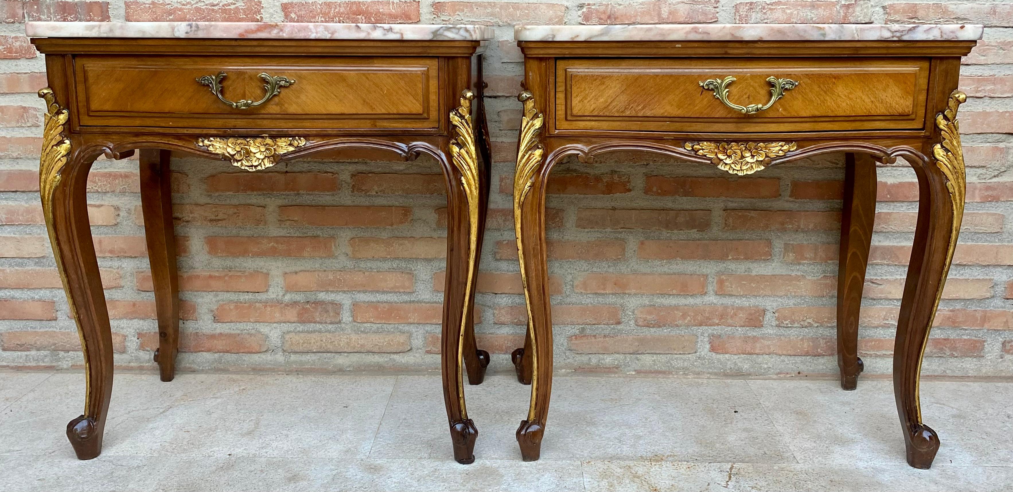 20th Century French Nightstands with One Drawer, Marble Top and Cabriole Legs, 1