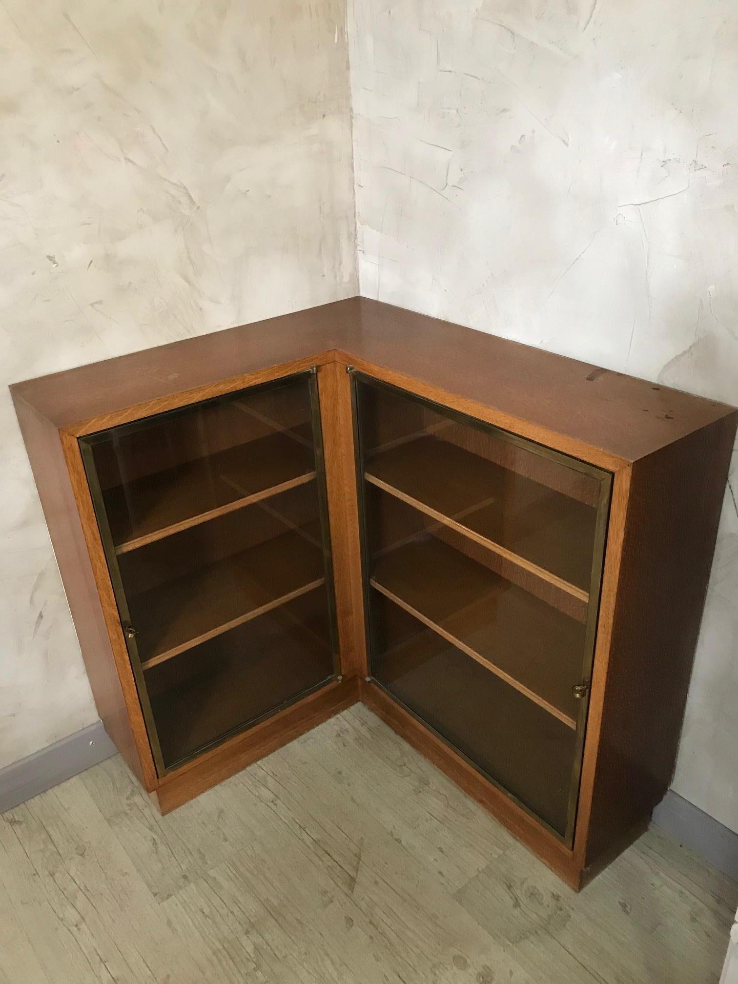 20th Century French Oak and Brass Corner Vitrine, 1940s 5