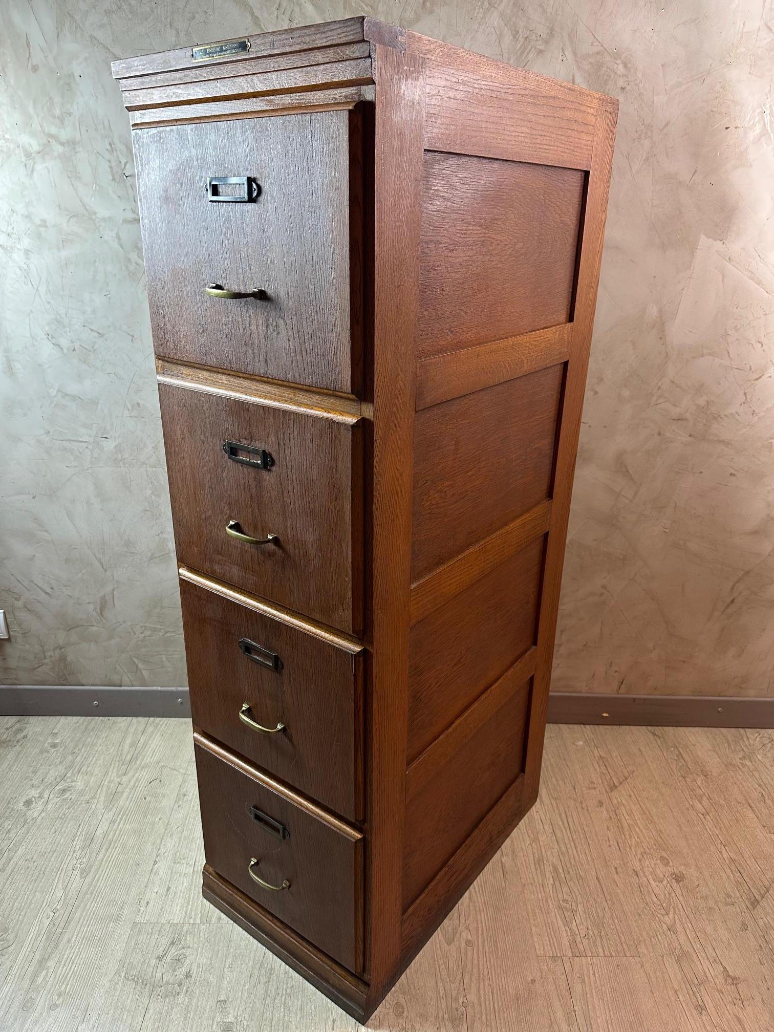 Early 20th Century 20th century French Oak and Brass Four Drawers Office File Cabinet For Sale