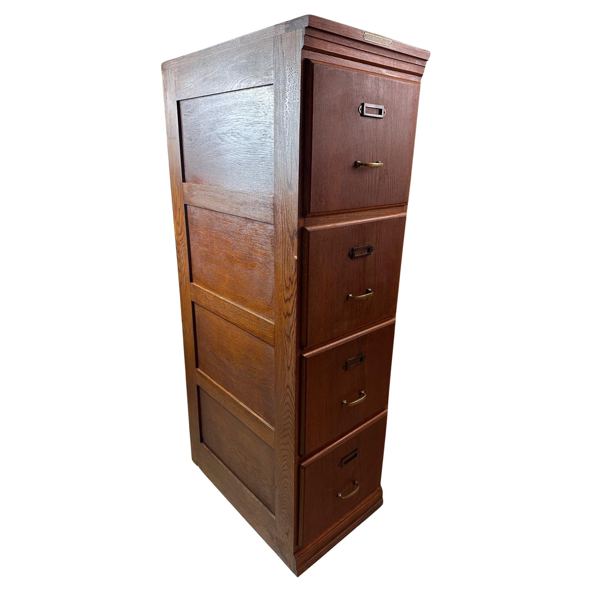 20th century French Oak and Brass Four Drawers Office File Cabinet For Sale