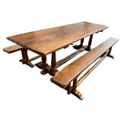 Retro 20th Century French Oak Farm Table with Two Benches, 1950s