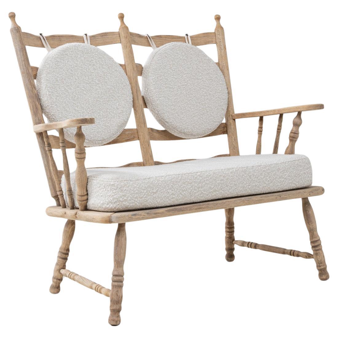 20th Century French Oak Spindle-Back Loveseat with Bouclé Cushions