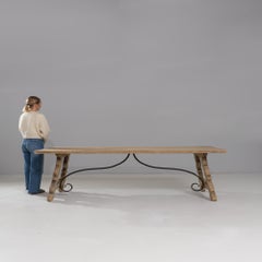 20th Century French Oak Trestle Dining Table With Wrought Iron Stretcher