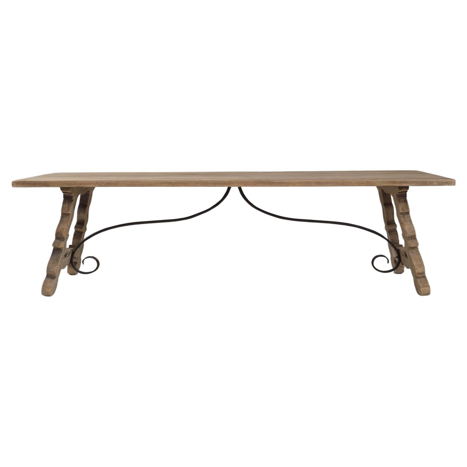 20th Century French Oak Trestle Dining Table With Wrought Iron Stretcher For Sale
