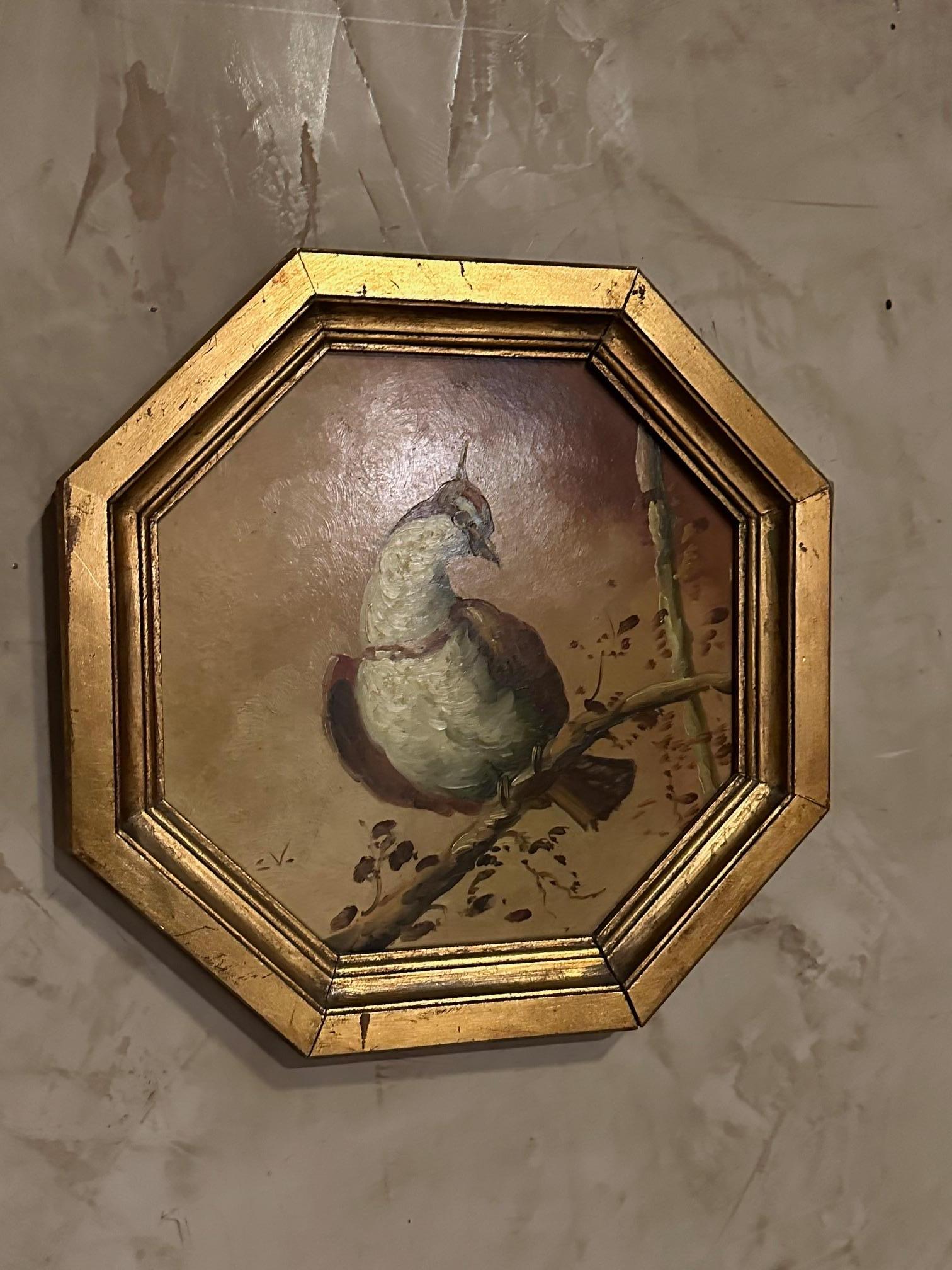 Pretty octagonal painting, oil on hardboard representing a dove on a branch.
Very romantic and delicate.
Octagonal frame in gilded wood. Hook on the back.
Beautiful work and good condition.