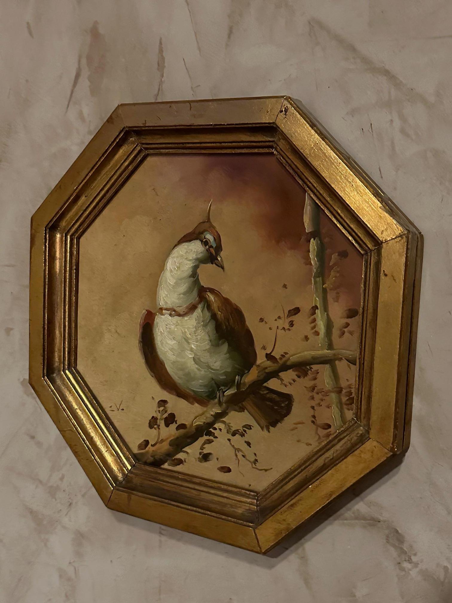 Wood 20th century French Octogonal Dove Painting, 1950s For Sale